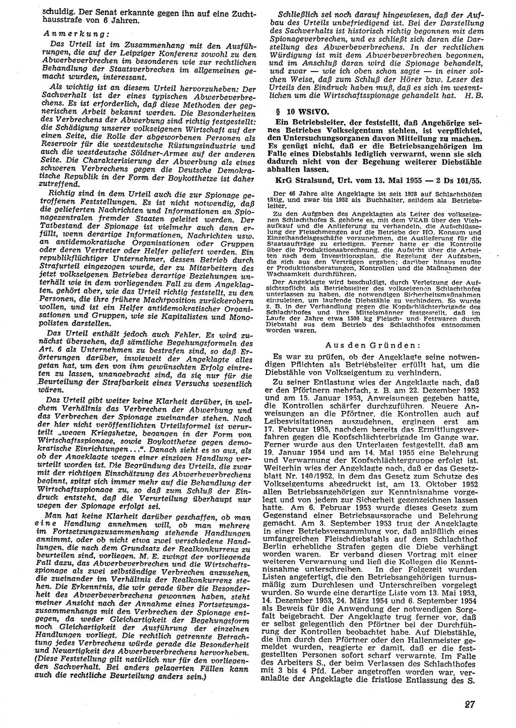 Neue Justiz (NJ), Zeitschrift für Recht und Rechtswissenschaft [Deutsche Demokratische Republik (DDR)], 10. Jahrgang 1956, Seite 27 (NJ DDR 1956, S. 27)