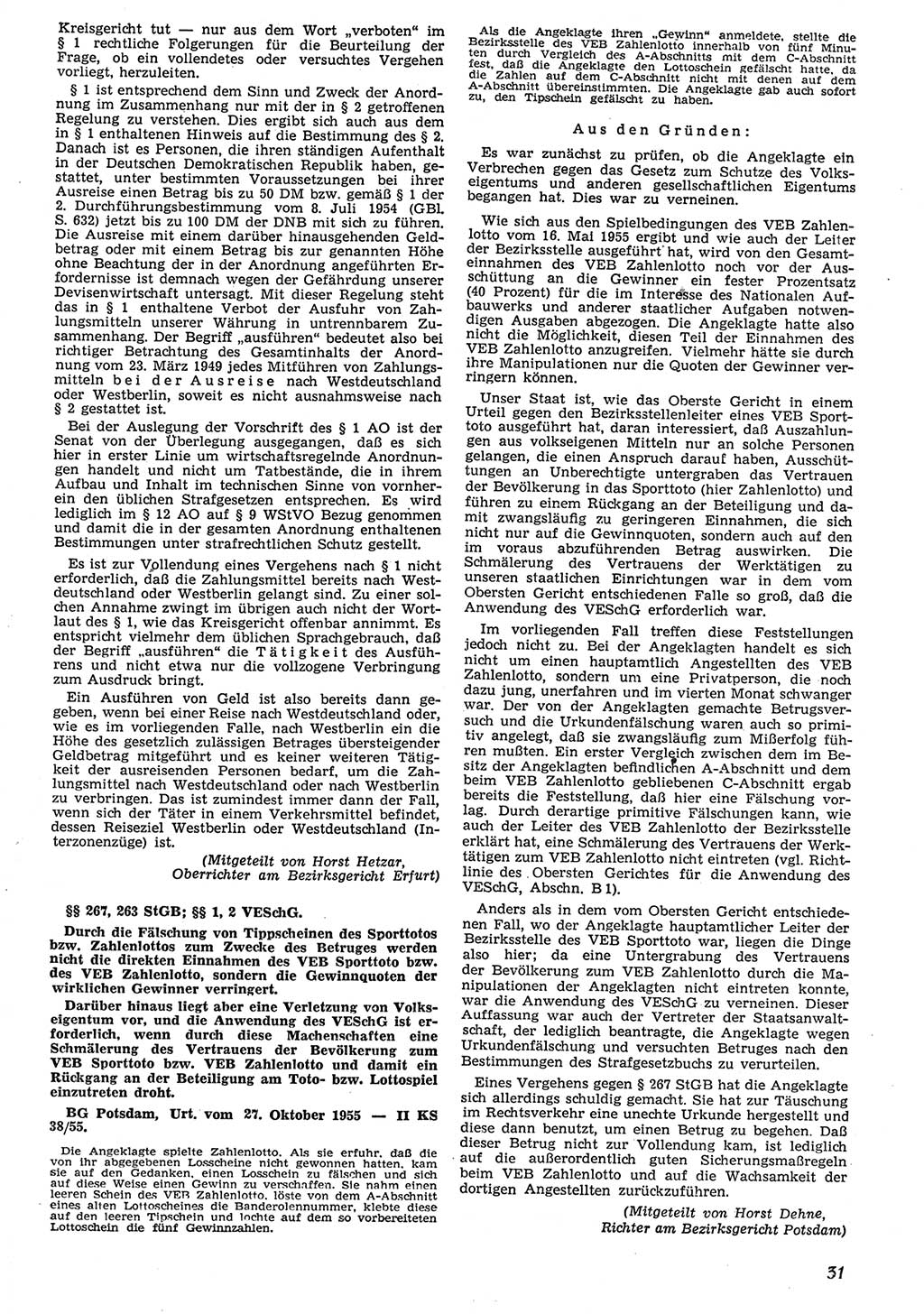 Neue Justiz (NJ), Zeitschrift für Recht und Rechtswissenschaft [Deutsche Demokratische Republik (DDR)], 10. Jahrgang 1956, Seite 31 (NJ DDR 1956, S. 31)