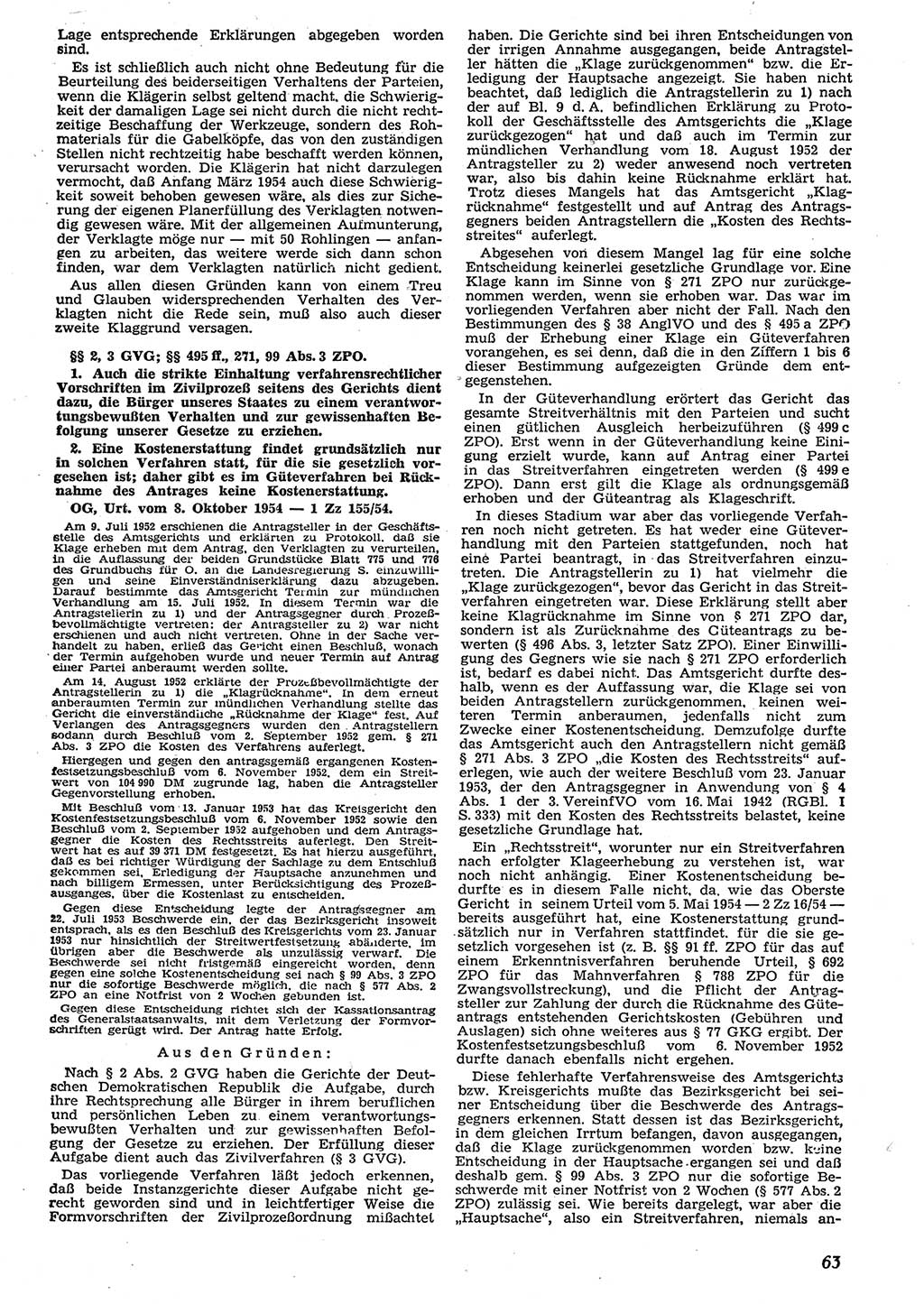 Neue Justiz (NJ), Zeitschrift für Recht und Rechtswissenschaft [Deutsche Demokratische Republik (DDR)], 10. Jahrgang 1956, Seite 63 (NJ DDR 1956, S. 63)