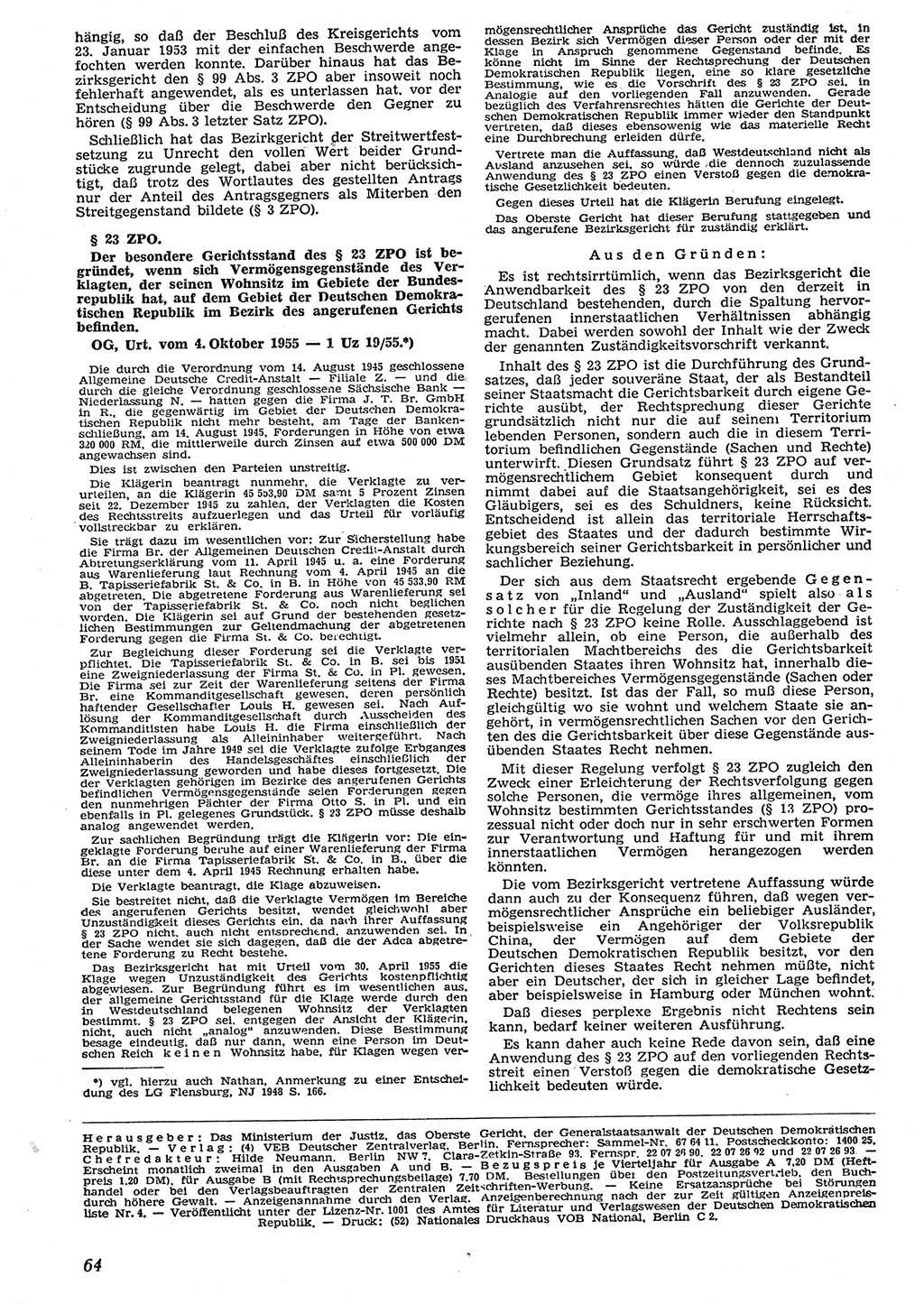 Neue Justiz (NJ), Zeitschrift für Recht und Rechtswissenschaft [Deutsche Demokratische Republik (DDR)], 10. Jahrgang 1956, Seite 64 (NJ DDR 1956, S. 64)