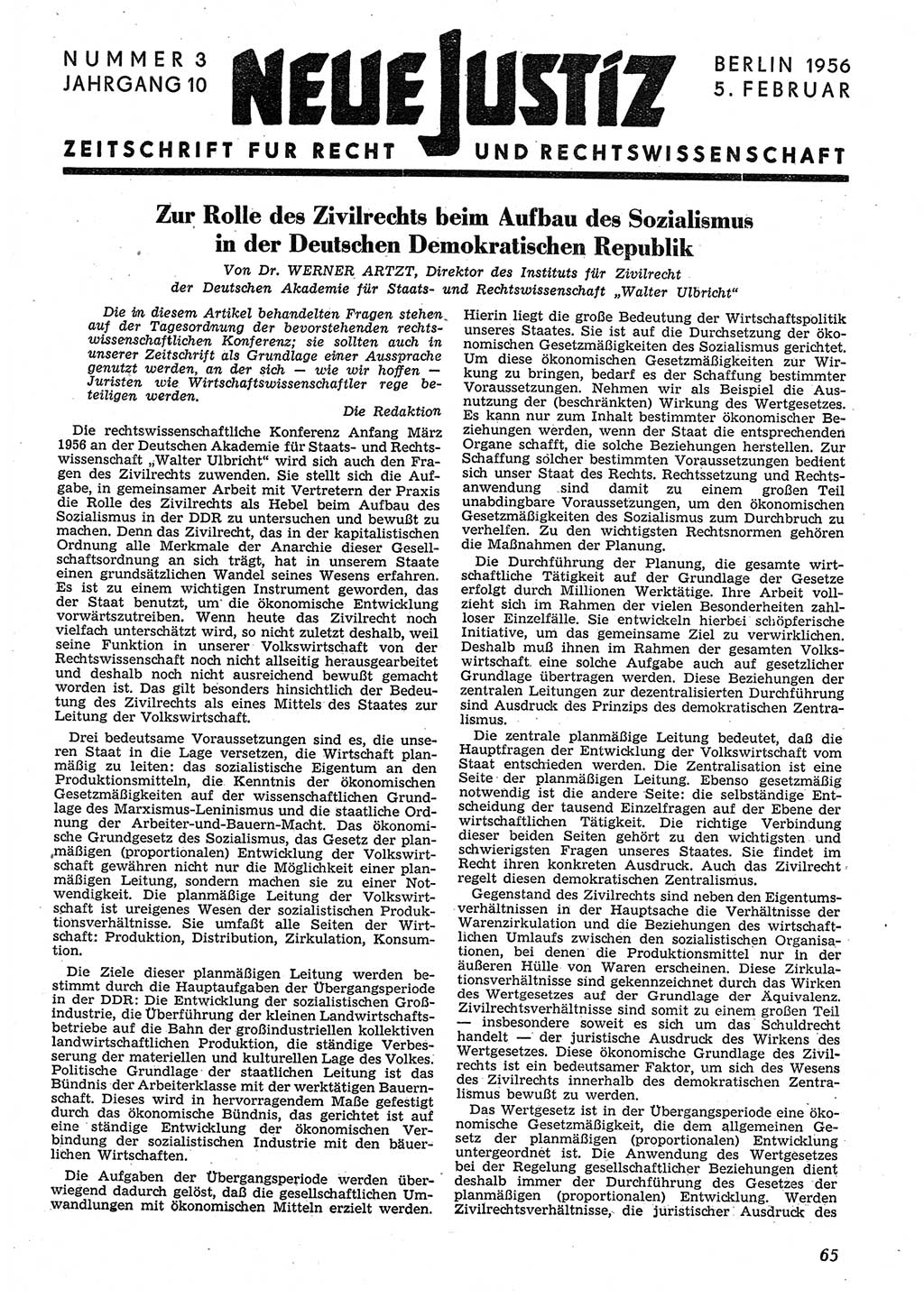 Neue Justiz (NJ), Zeitschrift für Recht und Rechtswissenschaft [Deutsche Demokratische Republik (DDR)], 10. Jahrgang 1956, Seite 65 (NJ DDR 1956, S. 65)