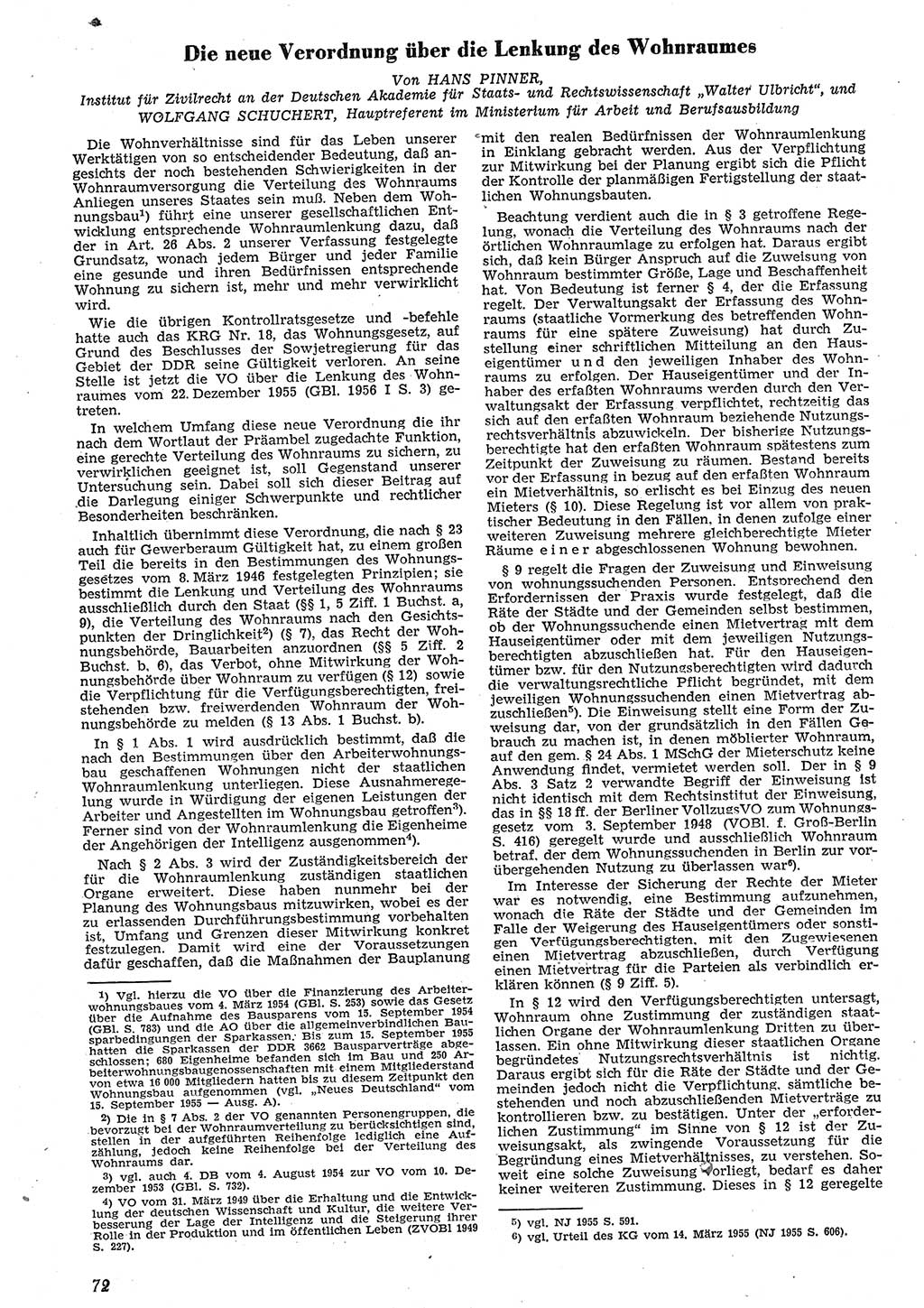 Neue Justiz (NJ), Zeitschrift für Recht und Rechtswissenschaft [Deutsche Demokratische Republik (DDR)], 10. Jahrgang 1956, Seite 72 (NJ DDR 1956, S. 72)