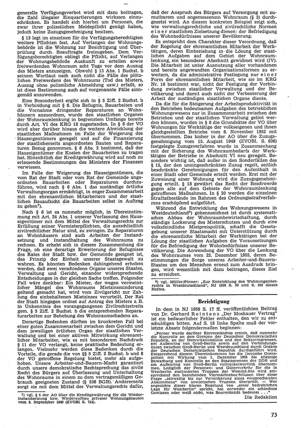 Neue Justiz (NJ), Zeitschrift für Recht und Rechtswissenschaft [Deutsche Demokratische Republik (DDR)], 10. Jahrgang 1956, Seite 73 (NJ DDR 1956, S. 73)