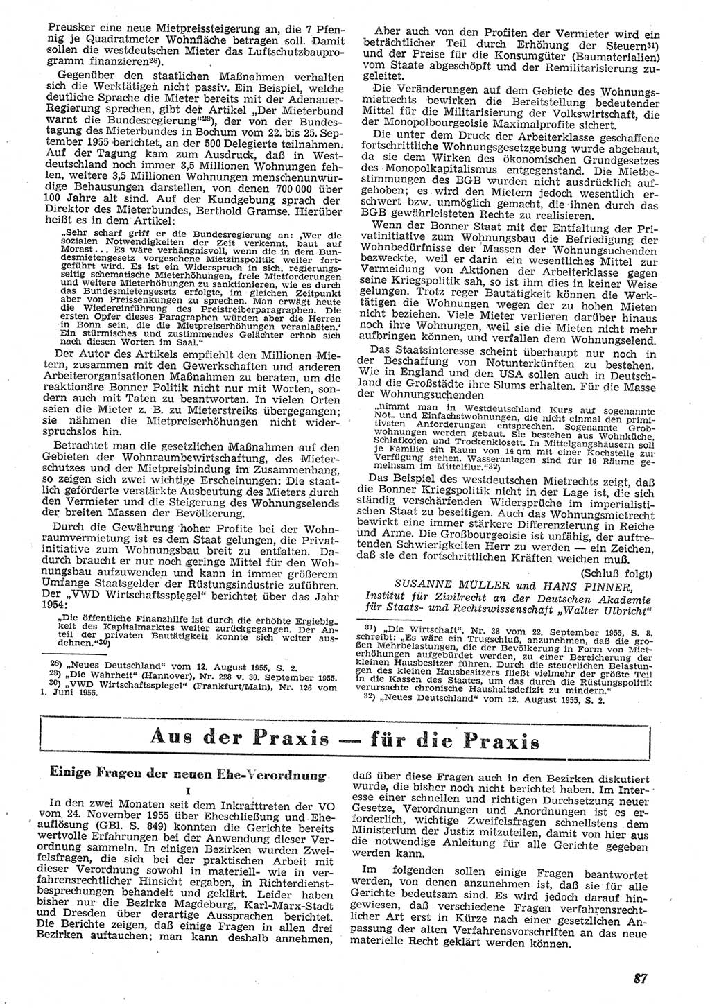Neue Justiz (NJ), Zeitschrift für Recht und Rechtswissenschaft [Deutsche Demokratische Republik (DDR)], 10. Jahrgang 1956, Seite 87 (NJ DDR 1956, S. 87)