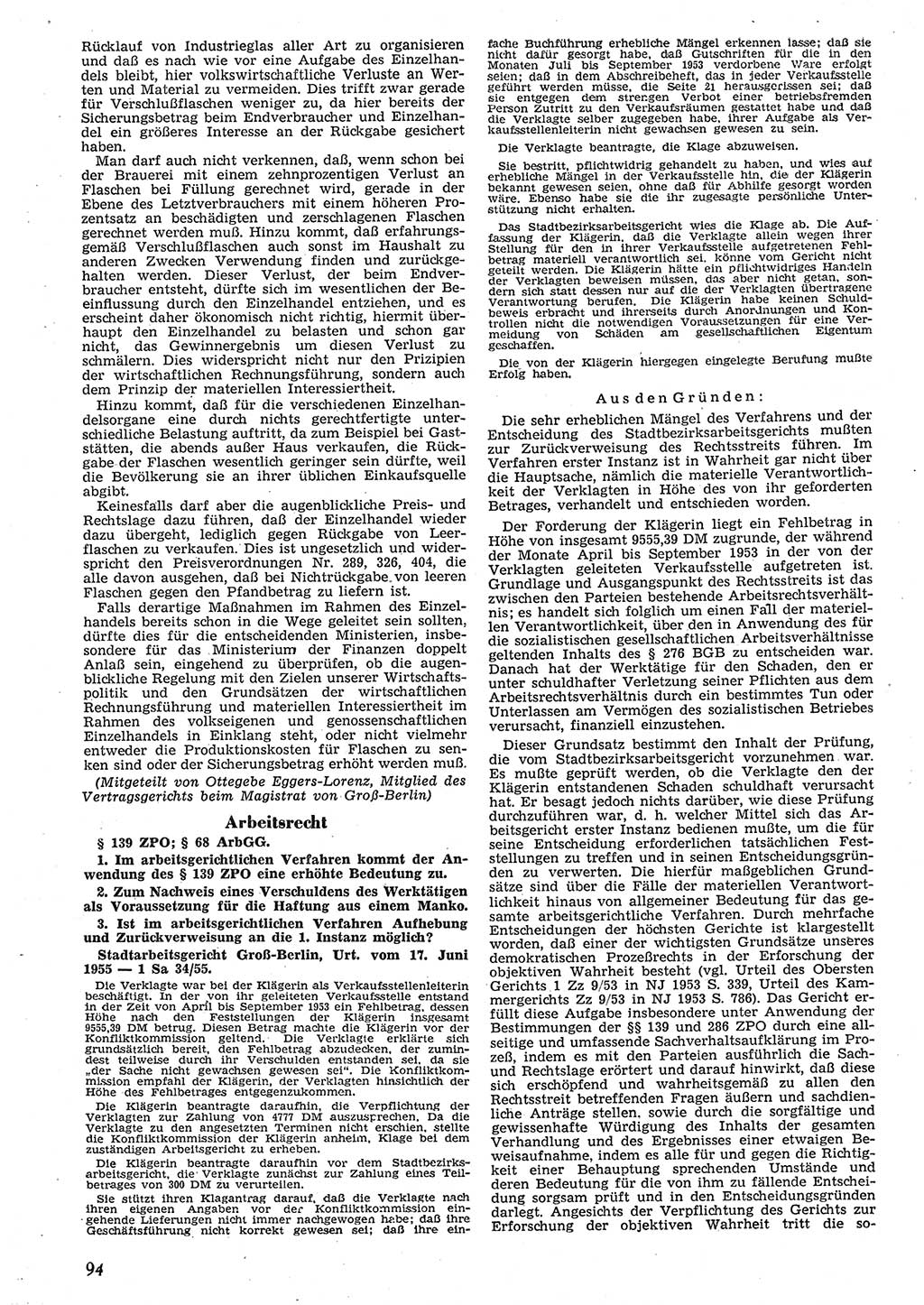 Neue Justiz (NJ), Zeitschrift für Recht und Rechtswissenschaft [Deutsche Demokratische Republik (DDR)], 10. Jahrgang 1956, Seite 94 (NJ DDR 1956, S. 94)