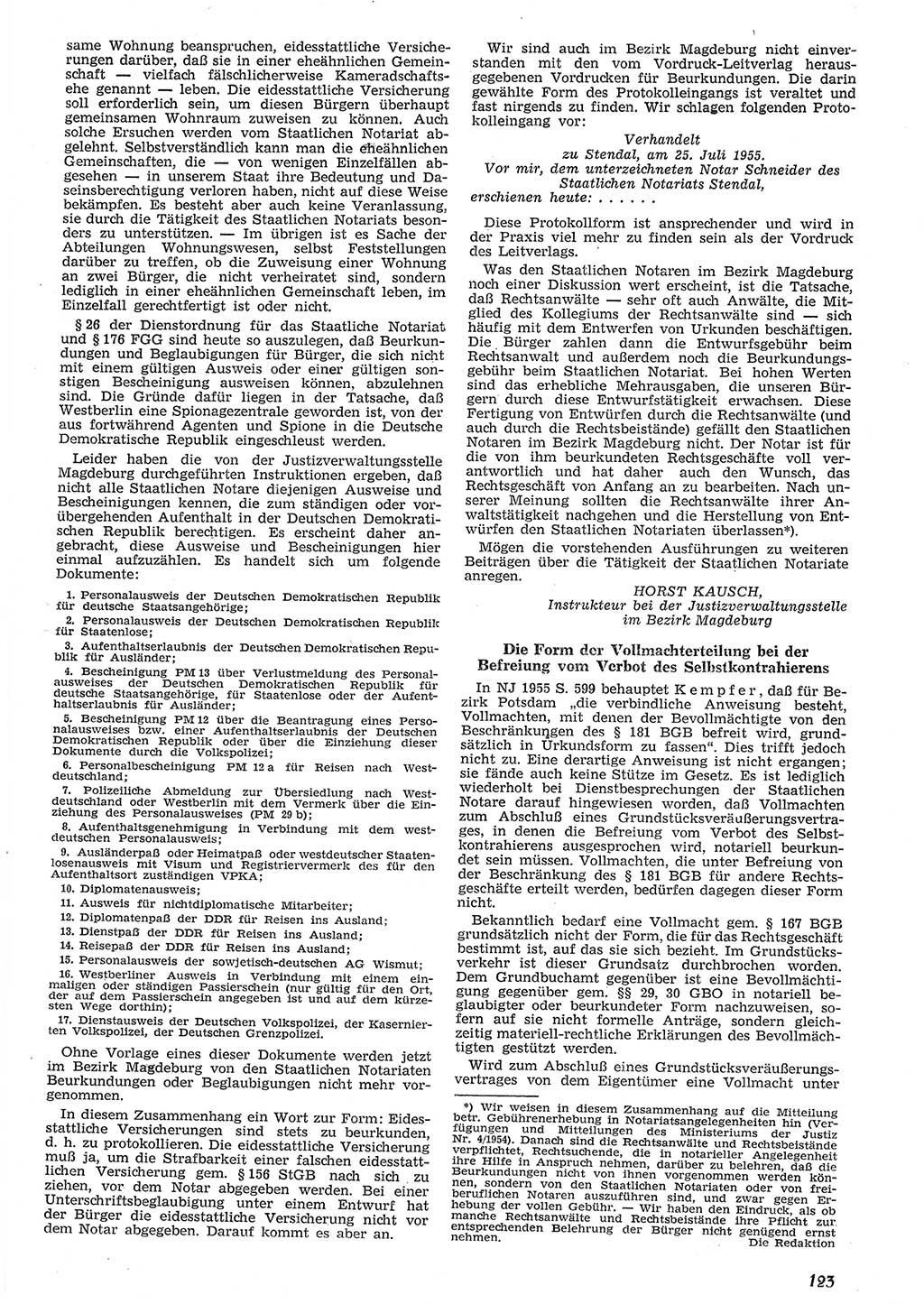 Neue Justiz (NJ), Zeitschrift für Recht und Rechtswissenschaft [Deutsche Demokratische Republik (DDR)], 10. Jahrgang 1956, Seite 123 (NJ DDR 1956, S. 123)