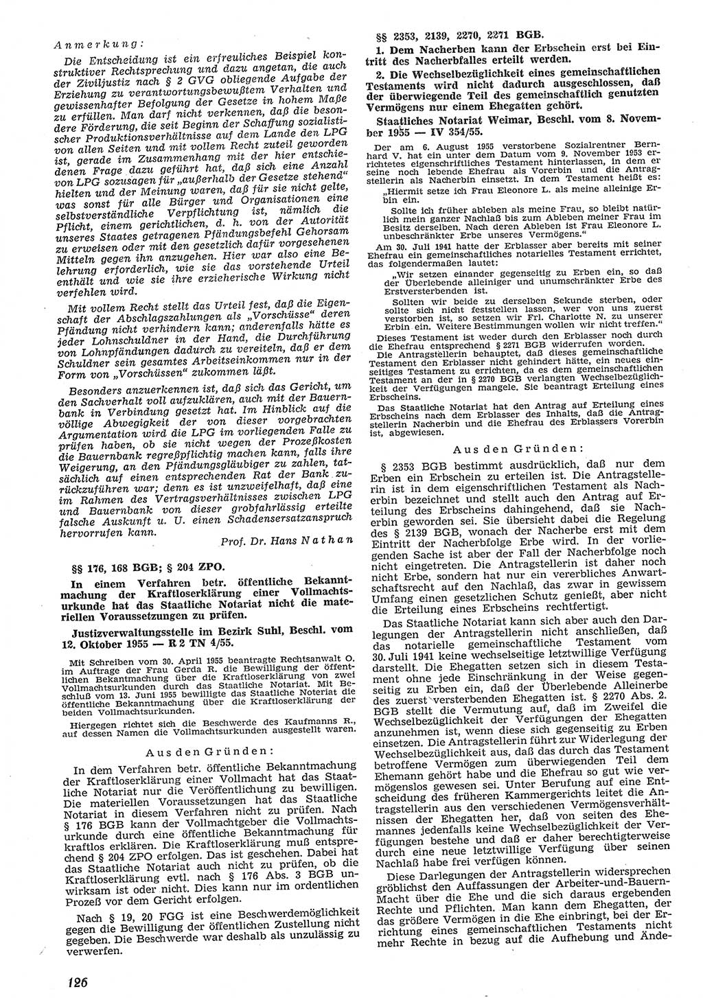 Neue Justiz (NJ), Zeitschrift für Recht und Rechtswissenschaft [Deutsche Demokratische Republik (DDR)], 10. Jahrgang 1956, Seite 126 (NJ DDR 1956, S. 126)