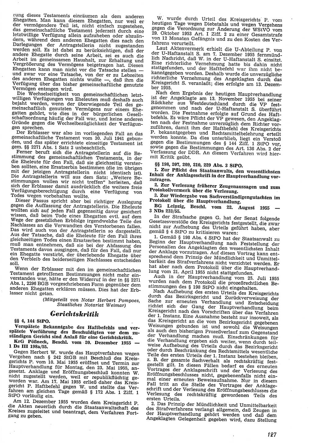 Neue Justiz (NJ), Zeitschrift für Recht und Rechtswissenschaft [Deutsche Demokratische Republik (DDR)], 10. Jahrgang 1956, Seite 127 (NJ DDR 1956, S. 127)