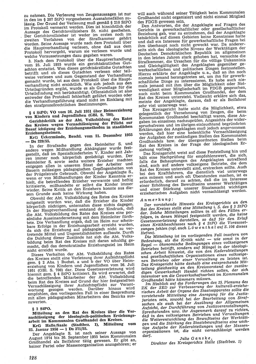 Neue Justiz (NJ), Zeitschrift für Recht und Rechtswissenschaft [Deutsche Demokratische Republik (DDR)], 10. Jahrgang 1956, Seite 128 (NJ DDR 1956, S. 128)