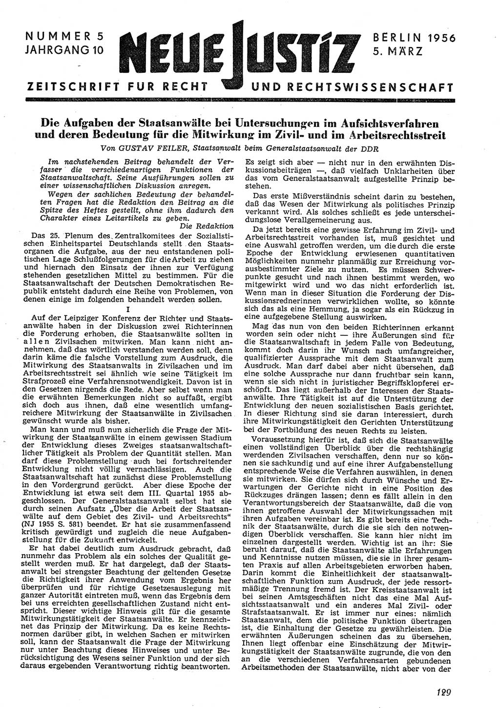 Neue Justiz (NJ), Zeitschrift für Recht und Rechtswissenschaft [Deutsche Demokratische Republik (DDR)], 10. Jahrgang 1956, Seite 129 (NJ DDR 1956, S. 129)