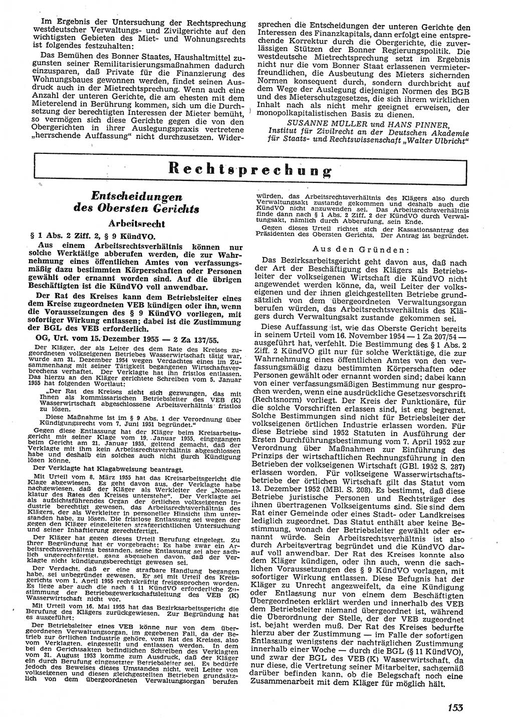 Neue Justiz (NJ), Zeitschrift für Recht und Rechtswissenschaft [Deutsche Demokratische Republik (DDR)], 10. Jahrgang 1956, Seite 153 (NJ DDR 1956, S. 153)