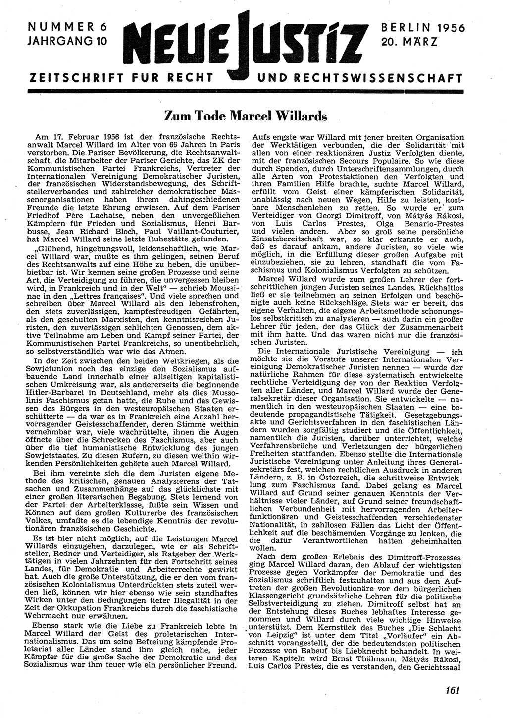 Neue Justiz (NJ), Zeitschrift für Recht und Rechtswissenschaft [Deutsche Demokratische Republik (DDR)], 10. Jahrgang 1956, Seite 161 (NJ DDR 1956, S. 161)