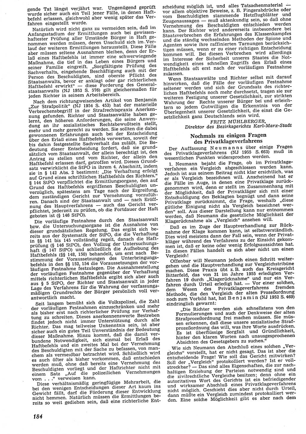 Neue Justiz (NJ), Zeitschrift für Recht und Rechtswissenschaft [Deutsche Demokratische Republik (DDR)], 10. Jahrgang 1956, Seite 184 (NJ DDR 1956, S. 184)