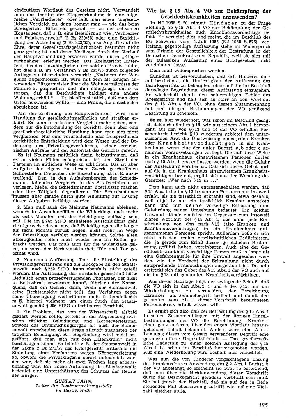 Neue Justiz (NJ), Zeitschrift für Recht und Rechtswissenschaft [Deutsche Demokratische Republik (DDR)], 10. Jahrgang 1956, Seite 185 (NJ DDR 1956, S. 185)