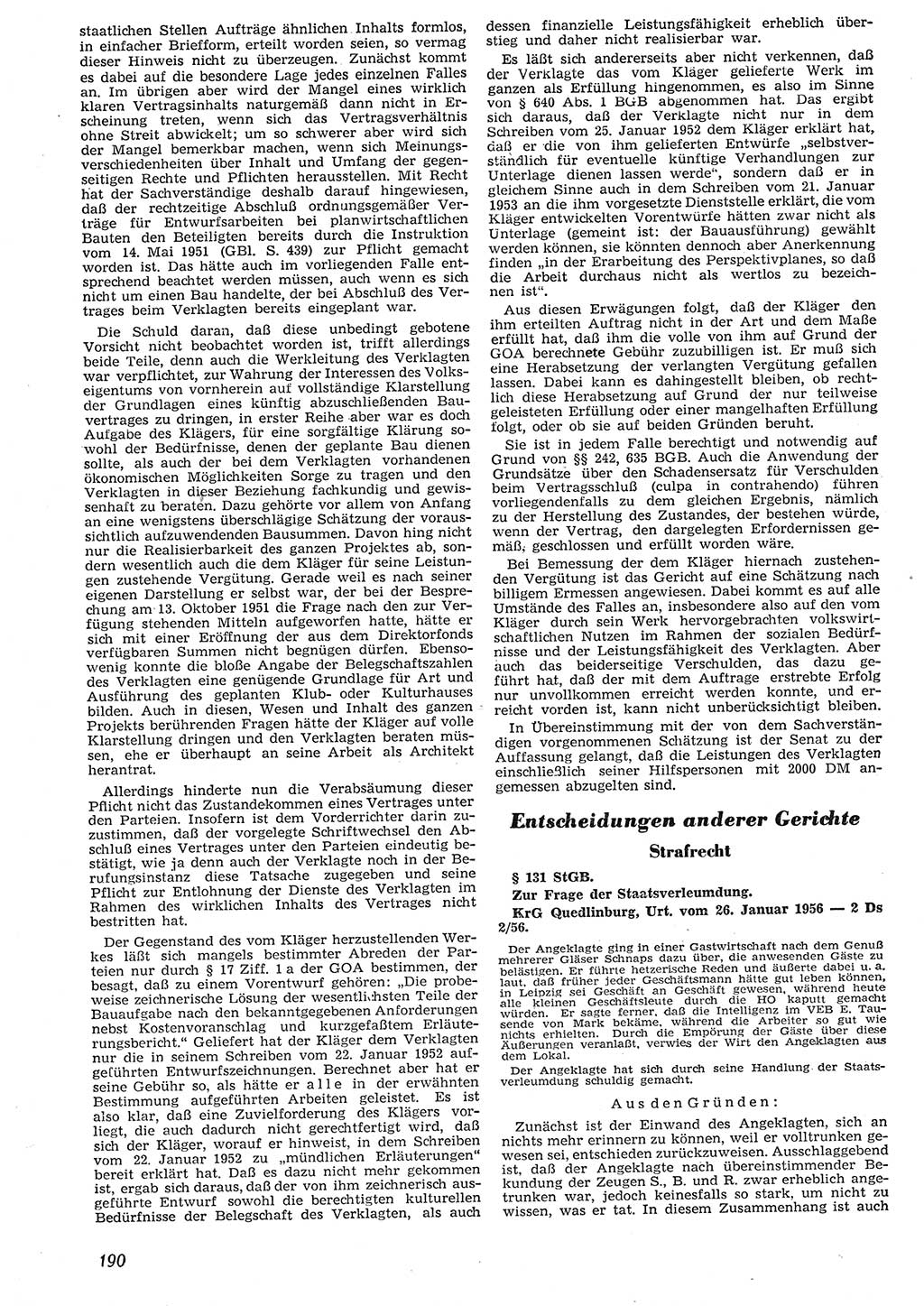 Neue Justiz (NJ), Zeitschrift für Recht und Rechtswissenschaft [Deutsche Demokratische Republik (DDR)], 10. Jahrgang 1956, Seite 190 (NJ DDR 1956, S. 190)