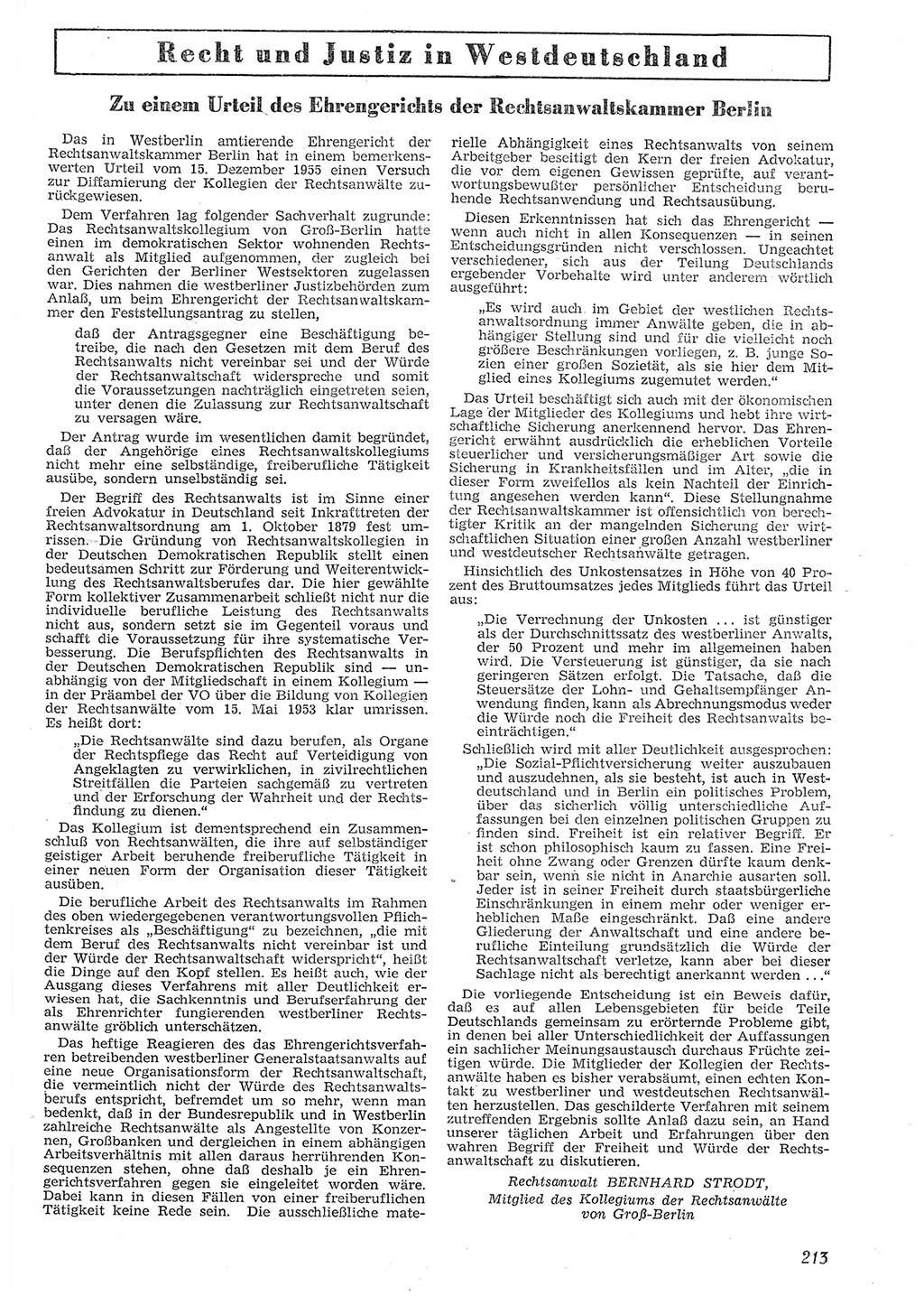 Neue Justiz (NJ), Zeitschrift für Recht und Rechtswissenschaft [Deutsche Demokratische Republik (DDR)], 10. Jahrgang 1956, Seite 213 (NJ DDR 1956, S. 213)