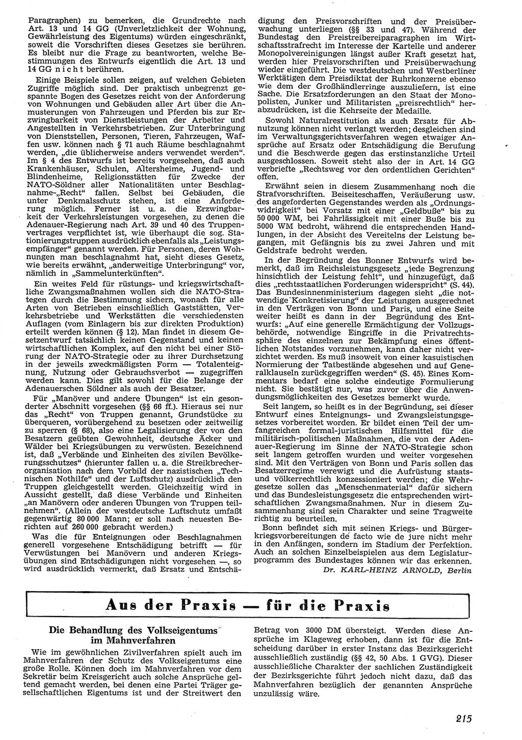 Neue Justiz (NJ), Zeitschrift für Recht und Rechtswissenschaft [Deutsche Demokratische Republik (DDR)], 10. Jahrgang 1956, Seite 215 (NJ DDR 1956, S. 215)