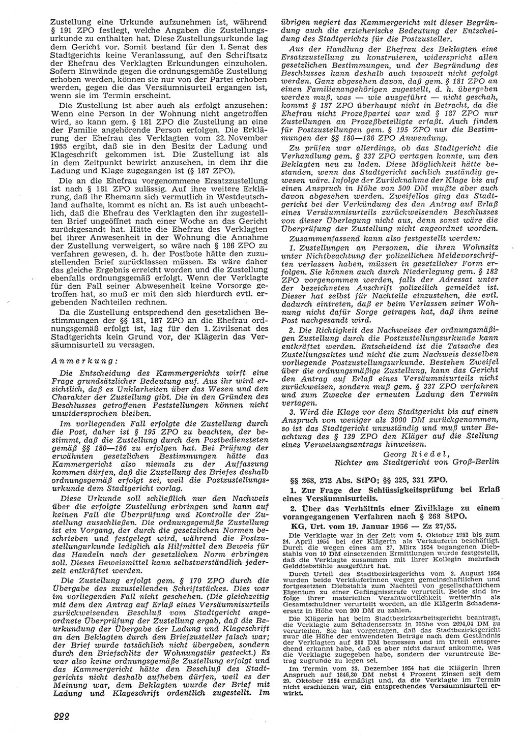 Neue Justiz (NJ), Zeitschrift für Recht und Rechtswissenschaft [Deutsche Demokratische Republik (DDR)], 10. Jahrgang 1956, Seite 222 (NJ DDR 1956, S. 222)