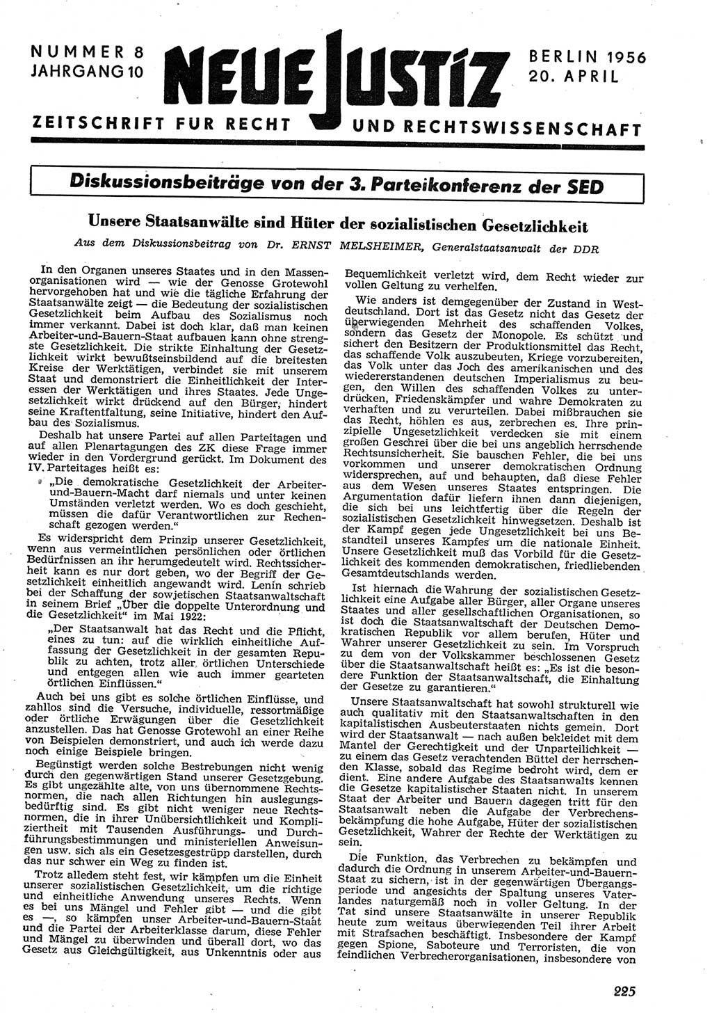 Neue Justiz (NJ), Zeitschrift für Recht und Rechtswissenschaft [Deutsche Demokratische Republik (DDR)], 10. Jahrgang 1956, Seite 225 (NJ DDR 1956, S. 225)