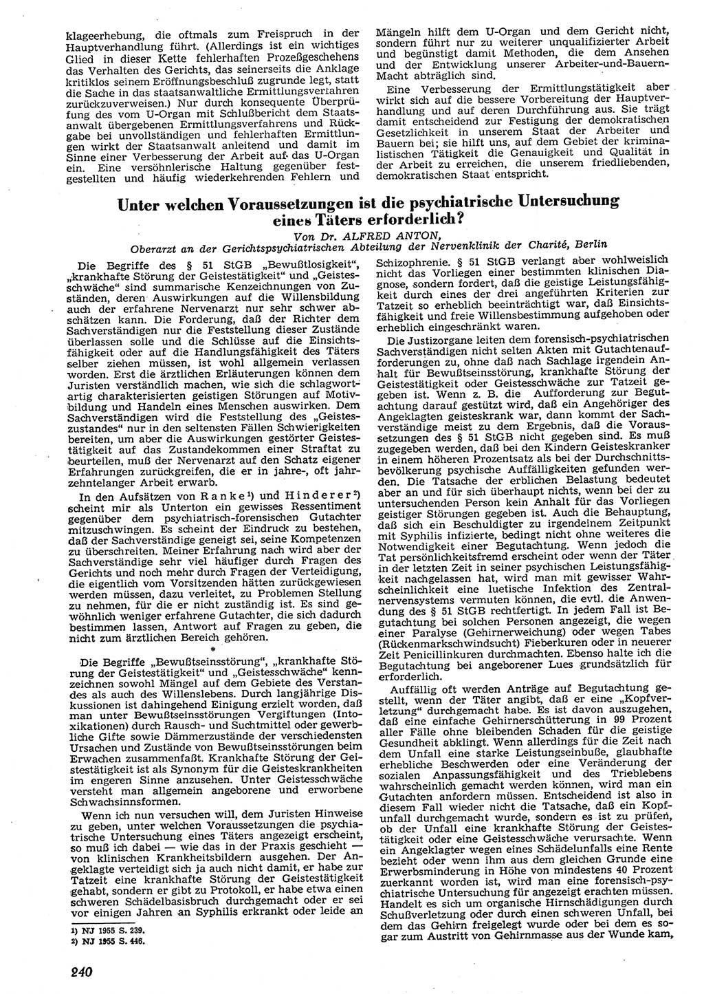 Neue Justiz (NJ), Zeitschrift für Recht und Rechtswissenschaft [Deutsche Demokratische Republik (DDR)], 10. Jahrgang 1956, Seite 240 (NJ DDR 1956, S. 240)