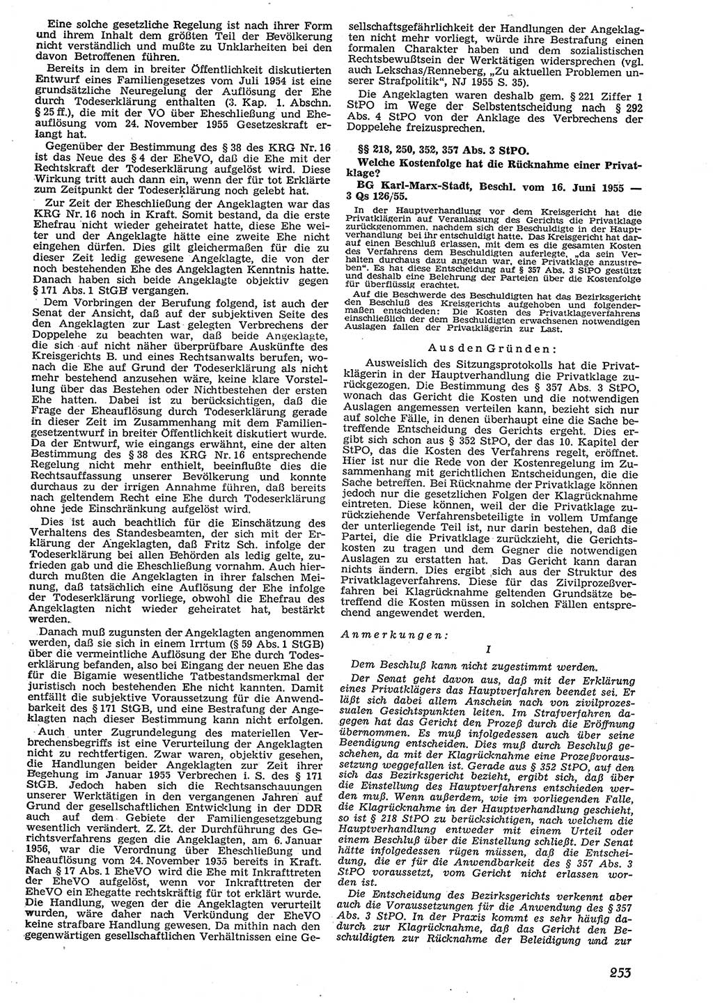 Neue Justiz (NJ), Zeitschrift für Recht und Rechtswissenschaft [Deutsche Demokratische Republik (DDR)], 10. Jahrgang 1956, Seite 253 (NJ DDR 1956, S. 253)