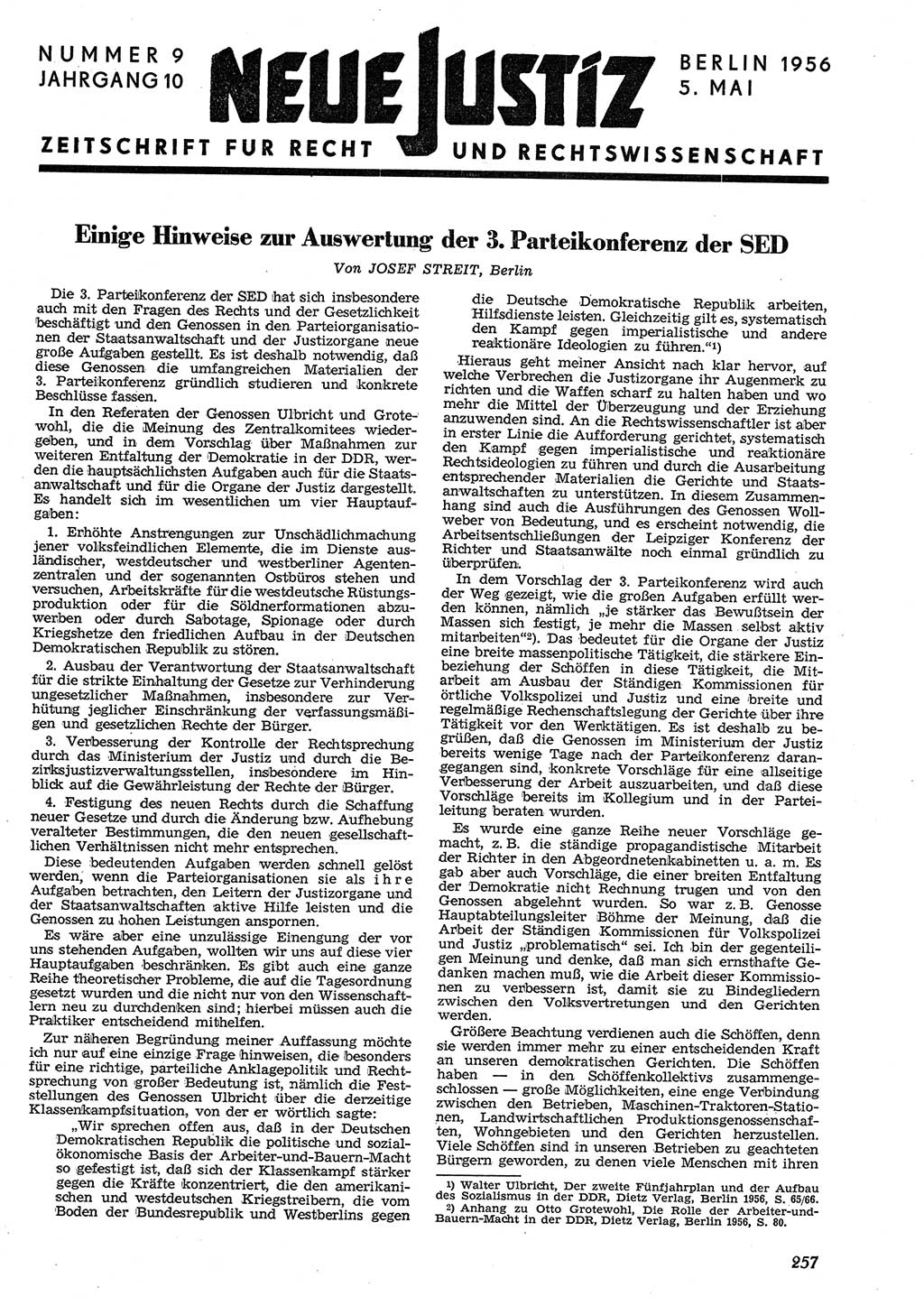 Neue Justiz (NJ), Zeitschrift für Recht und Rechtswissenschaft [Deutsche Demokratische Republik (DDR)], 10. Jahrgang 1956, Seite 257 (NJ DDR 1956, S. 257)