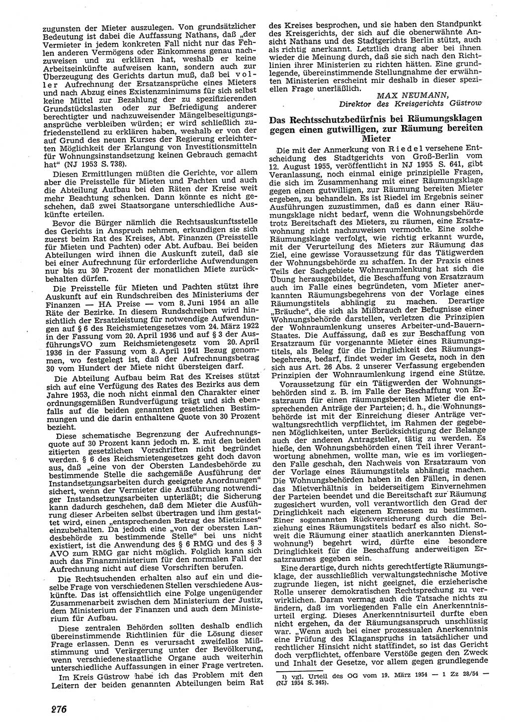 Neue Justiz (NJ), Zeitschrift für Recht und Rechtswissenschaft [Deutsche Demokratische Republik (DDR)], 10. Jahrgang 1956, Seite 276 (NJ DDR 1956, S. 276)