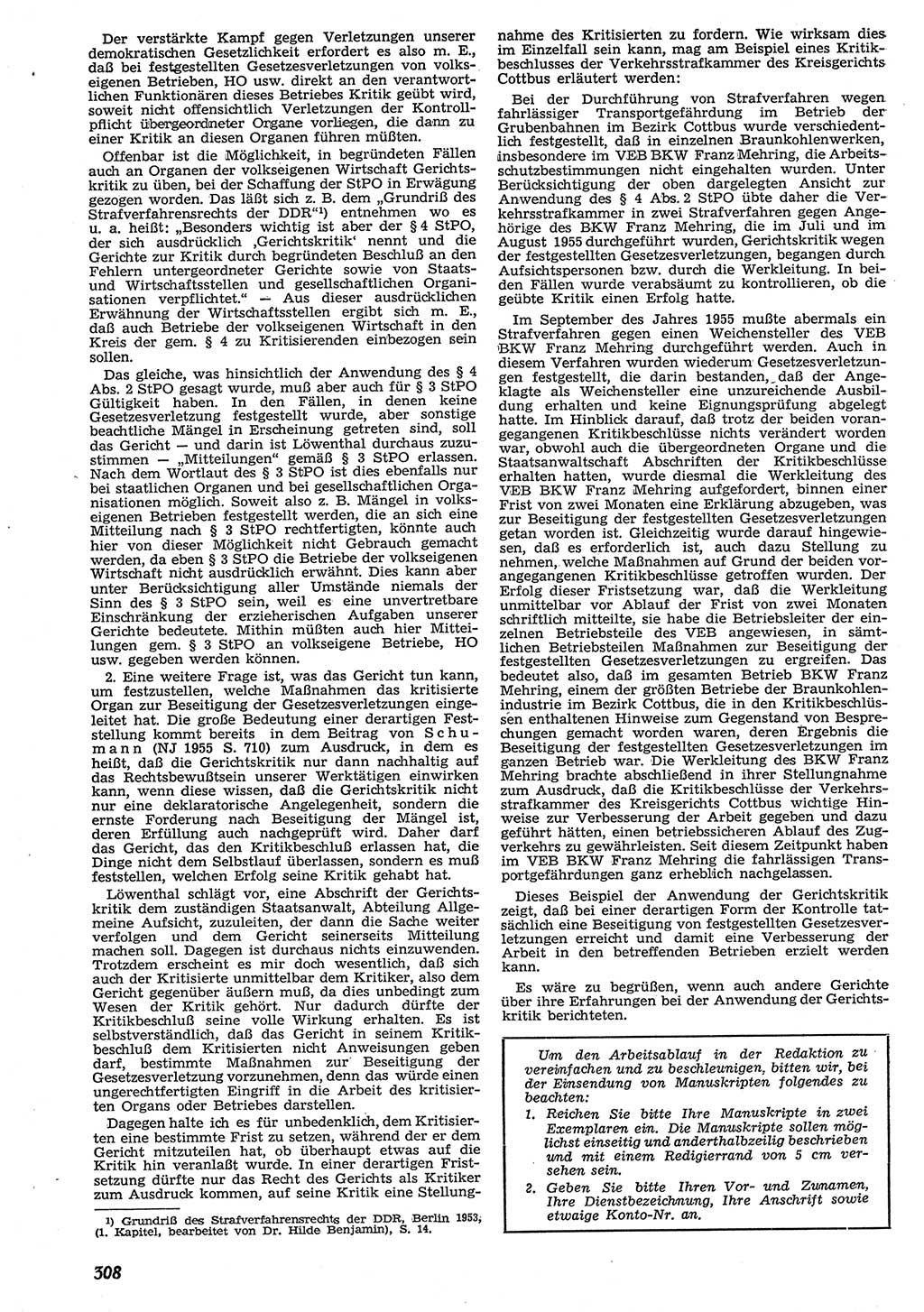 Neue Justiz (NJ), Zeitschrift für Recht und Rechtswissenschaft [Deutsche Demokratische Republik (DDR)], 10. Jahrgang 1956, Seite 308 (NJ DDR 1956, S. 308)