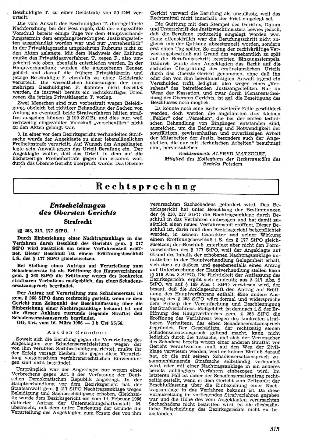 Neue Justiz (NJ), Zeitschrift für Recht und Rechtswissenschaft [Deutsche Demokratische Republik (DDR)], 10. Jahrgang 1956, Seite 315 (NJ DDR 1956, S. 315)