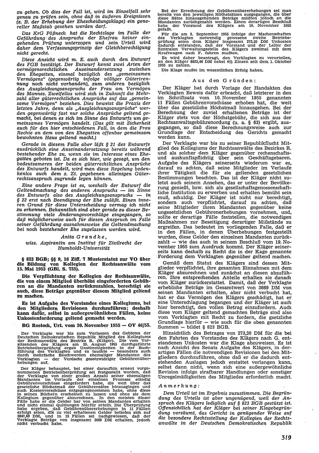 Neue Justiz (NJ), Zeitschrift für Recht und Rechtswissenschaft [Deutsche Demokratische Republik (DDR)], 10. Jahrgang 1956, Seite 319 (NJ DDR 1956, S. 319)