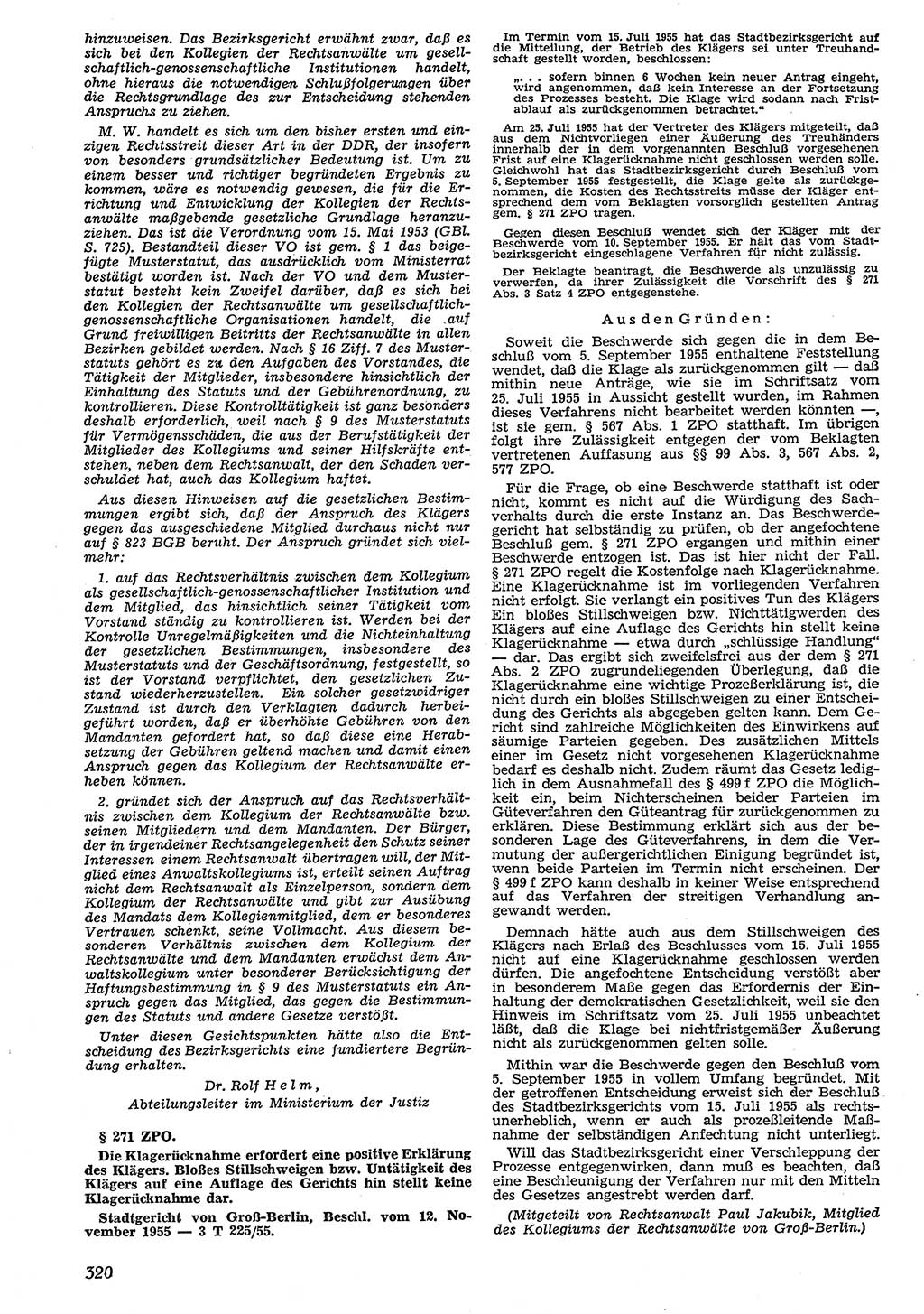 Neue Justiz (NJ), Zeitschrift für Recht und Rechtswissenschaft [Deutsche Demokratische Republik (DDR)], 10. Jahrgang 1956, Seite 320 (NJ DDR 1956, S. 320)