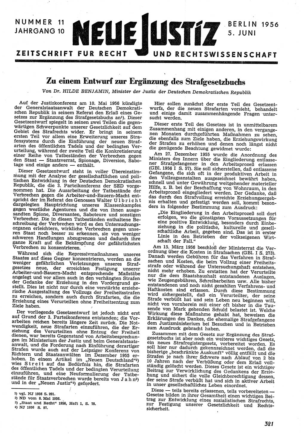 Neue Justiz (NJ), Zeitschrift für Recht und Rechtswissenschaft [Deutsche Demokratische Republik (DDR)], 10. Jahrgang 1956, Seite 321 (NJ DDR 1956, S. 321)