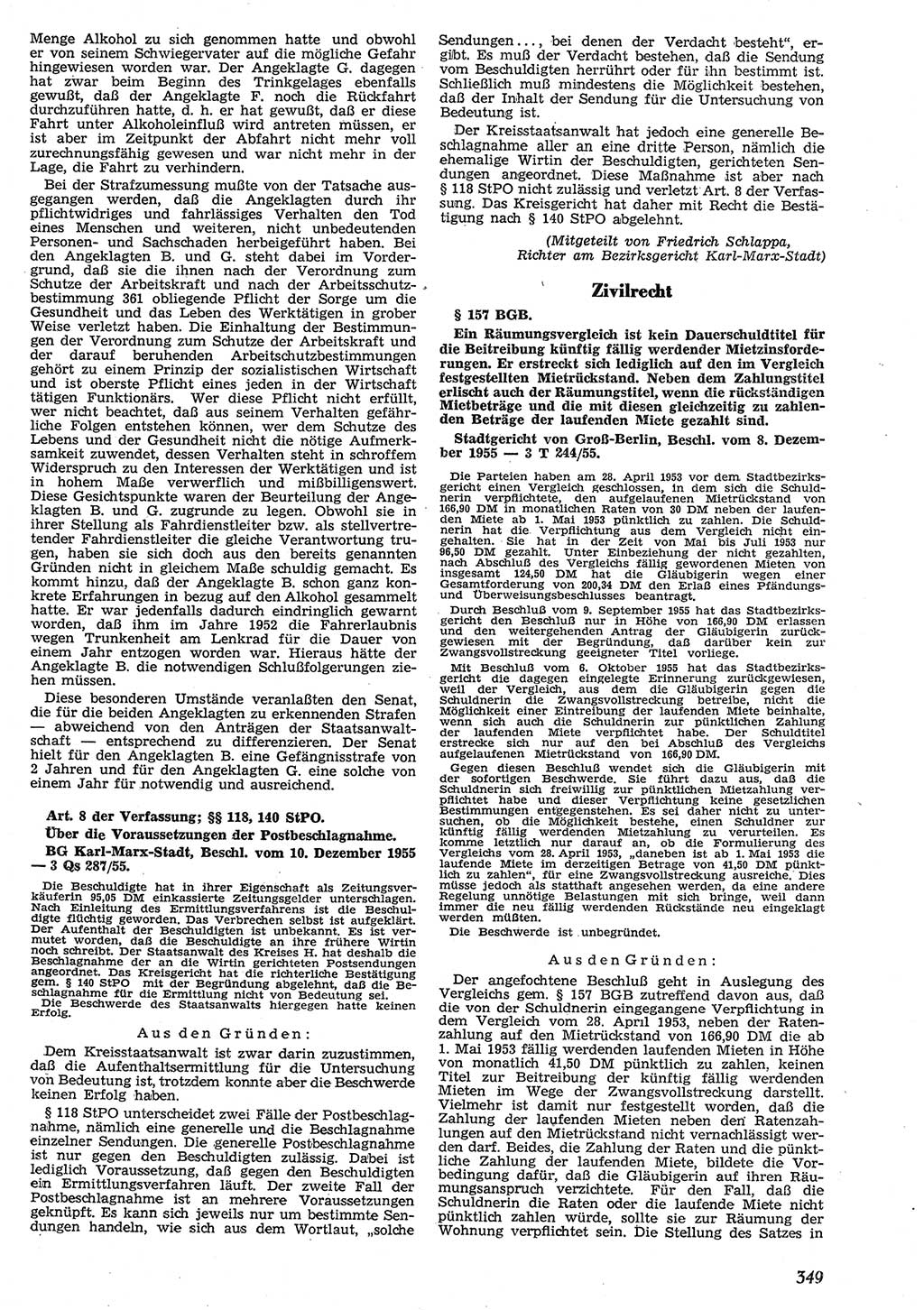 Neue Justiz (NJ), Zeitschrift für Recht und Rechtswissenschaft [Deutsche Demokratische Republik (DDR)], 10. Jahrgang 1956, Seite 349 (NJ DDR 1956, S. 349)