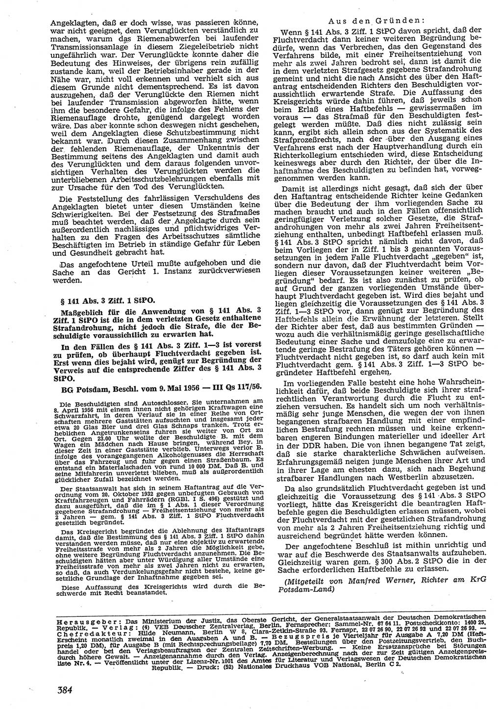 Neue Justiz (NJ), Zeitschrift für Recht und Rechtswissenschaft [Deutsche Demokratische Republik (DDR)], 10. Jahrgang 1956, Seite 384 (NJ DDR 1956, S. 384)