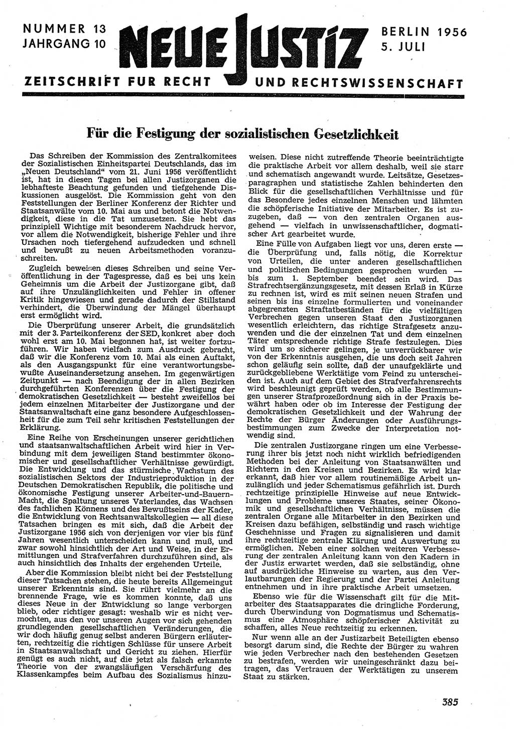 Neue Justiz (NJ), Zeitschrift für Recht und Rechtswissenschaft [Deutsche Demokratische Republik (DDR)], 10. Jahrgang 1956, Seite 385 (NJ DDR 1956, S. 385)