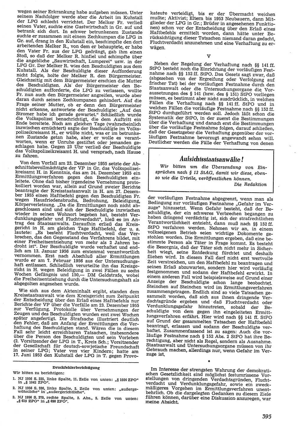 Neue Justiz (NJ), Zeitschrift für Recht und Rechtswissenschaft [Deutsche Demokratische Republik (DDR)], 10. Jahrgang 1956, Seite 395 (NJ DDR 1956, S. 395)