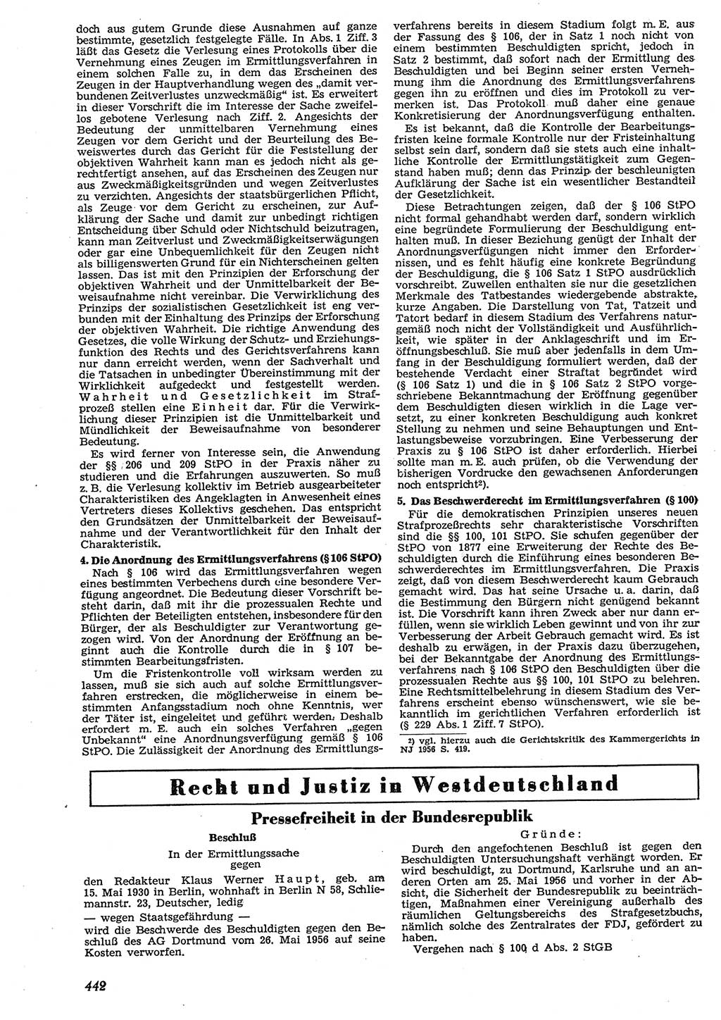 Neue Justiz (NJ), Zeitschrift für Recht und Rechtswissenschaft [Deutsche Demokratische Republik (DDR)], 10. Jahrgang 1956, Seite 442 (NJ DDR 1956, S. 442)