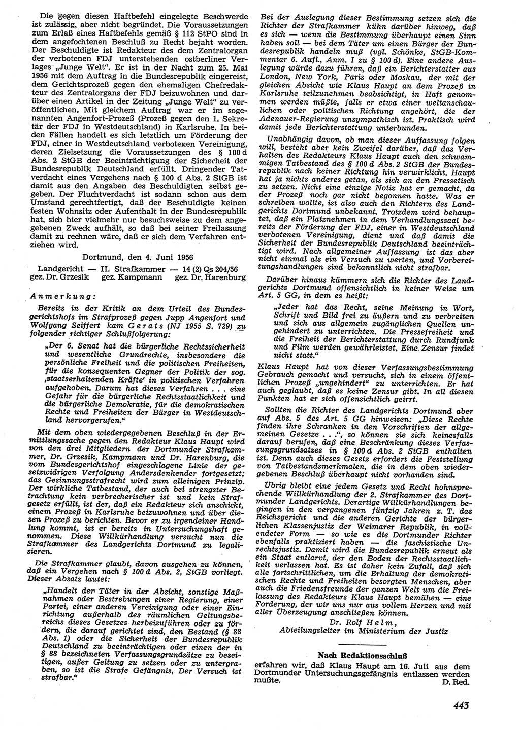 Neue Justiz (NJ), Zeitschrift für Recht und Rechtswissenschaft [Deutsche Demokratische Republik (DDR)], 10. Jahrgang 1956, Seite 443 (NJ DDR 1956, S. 443)