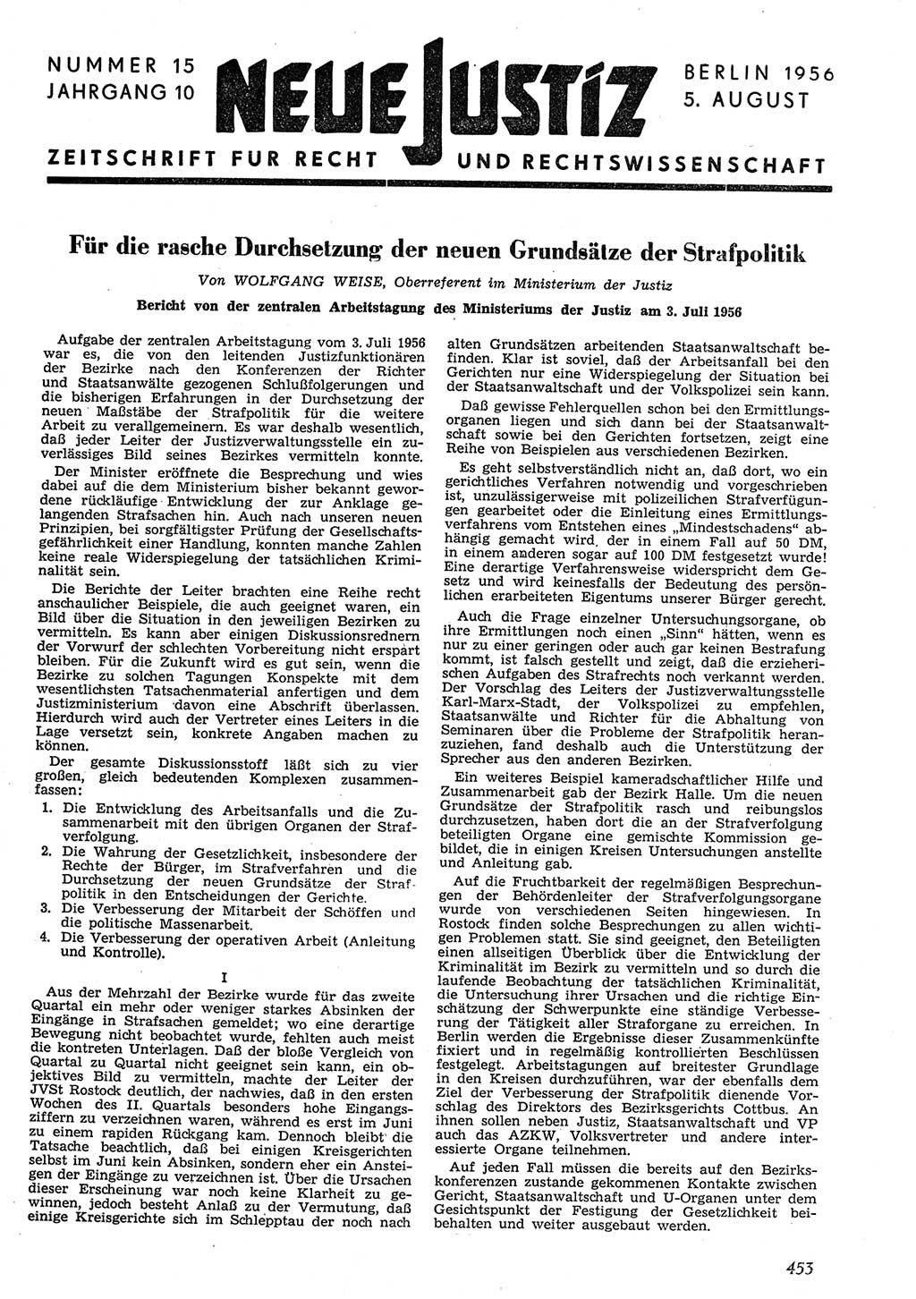Neue Justiz (NJ), Zeitschrift für Recht und Rechtswissenschaft [Deutsche Demokratische Republik (DDR)], 10. Jahrgang 1956, Seite 453 (NJ DDR 1956, S. 453)