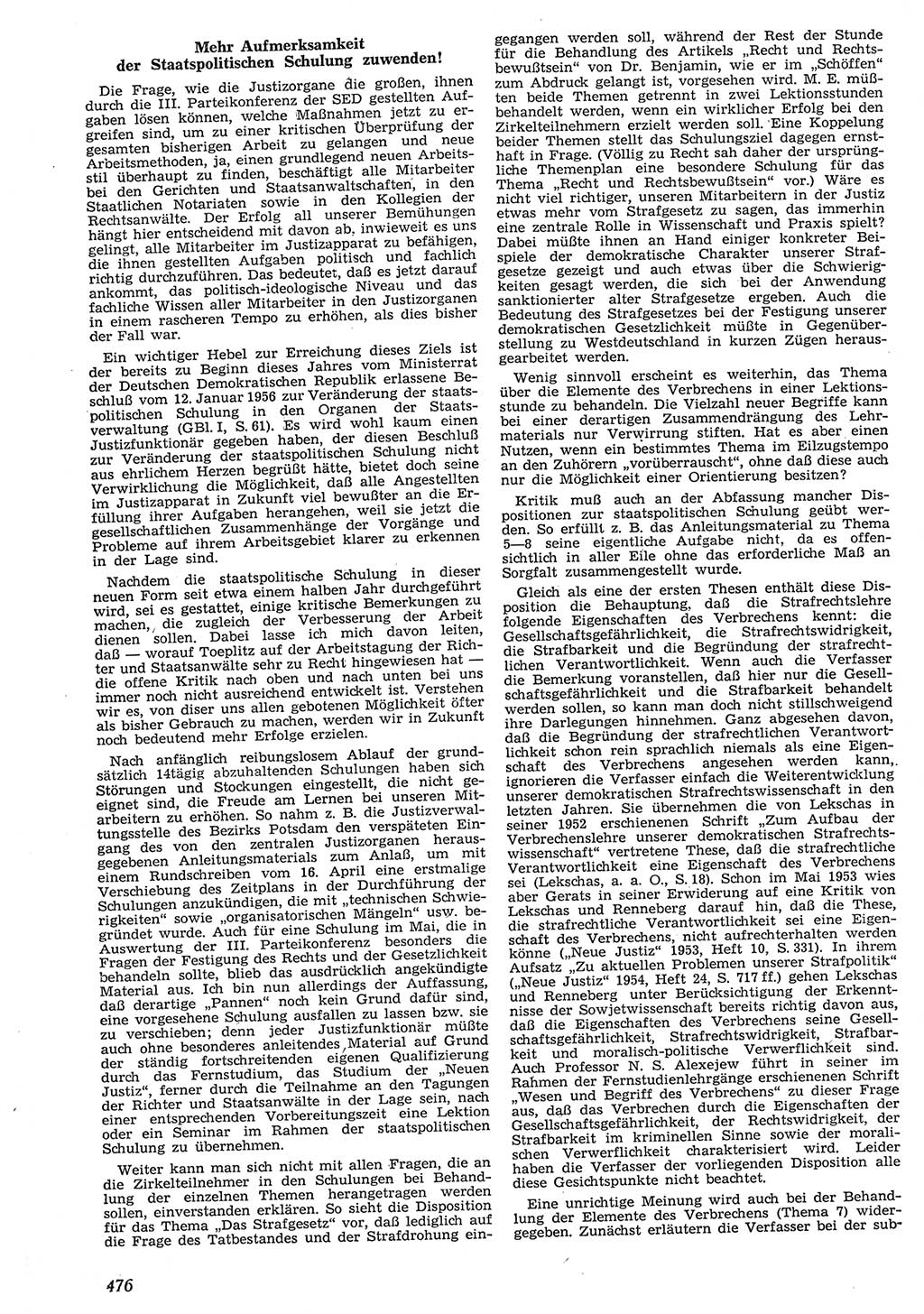 Neue Justiz (NJ), Zeitschrift für Recht und Rechtswissenschaft [Deutsche Demokratische Republik (DDR)], 10. Jahrgang 1956, Seite 476 (NJ DDR 1956, S. 476)