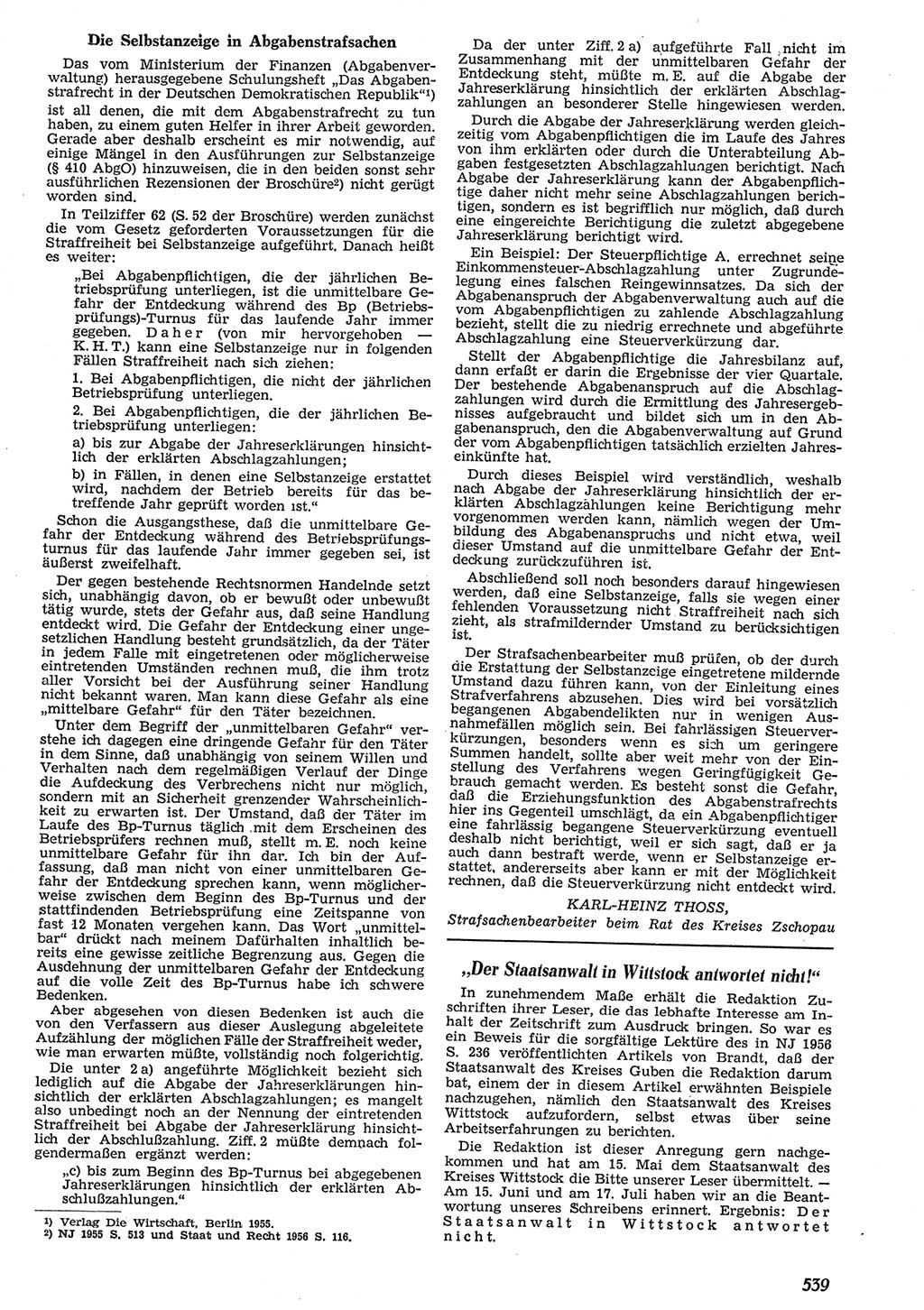 Neue Justiz (NJ), Zeitschrift für Recht und Rechtswissenschaft [Deutsche Demokratische Republik (DDR)], 10. Jahrgang 1956, Seite 539 (NJ DDR 1956, S. 539)