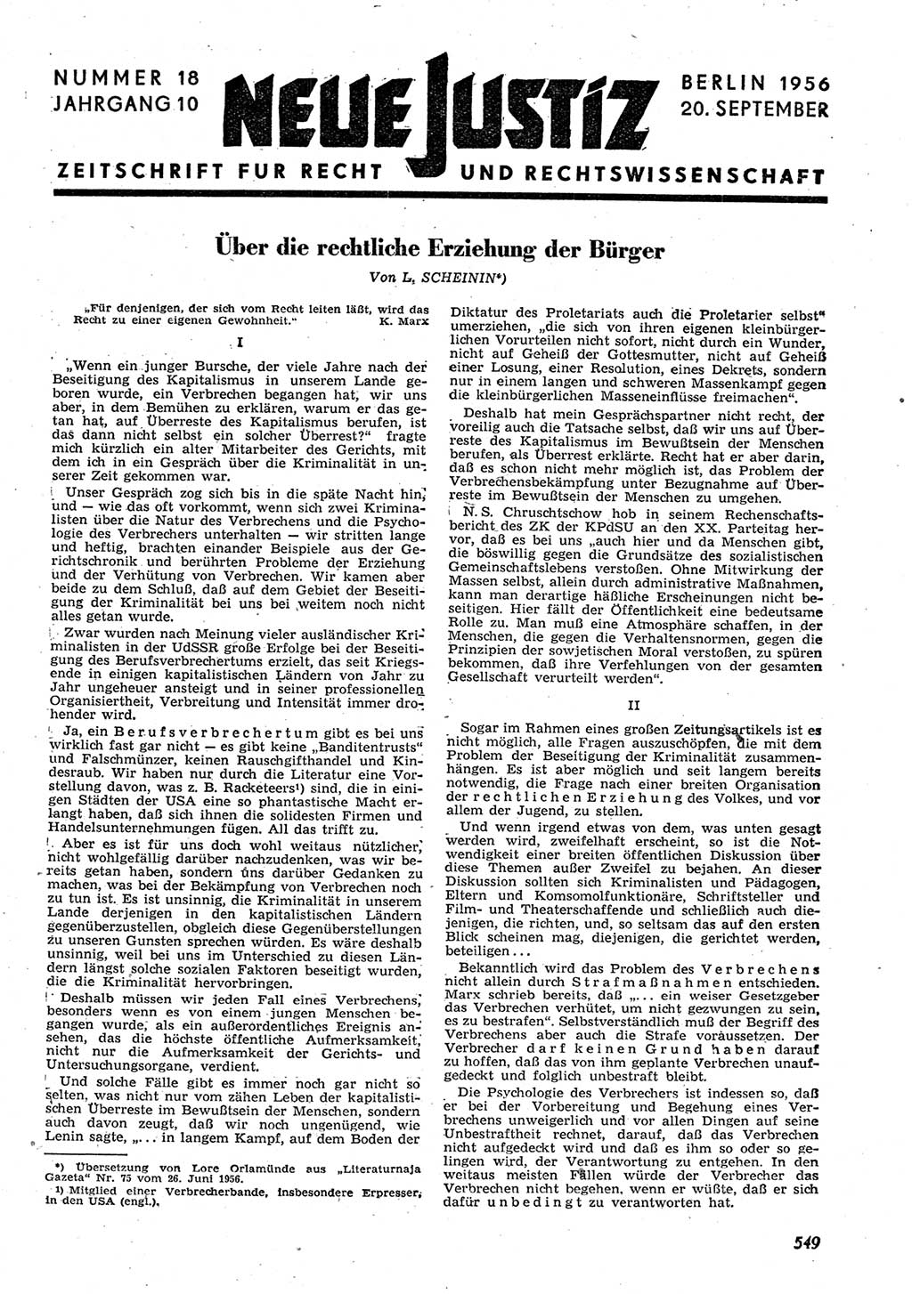 Neue Justiz (NJ), Zeitschrift für Recht und Rechtswissenschaft [Deutsche Demokratische Republik (DDR)], 10. Jahrgang 1956, Seite 549 (NJ DDR 1956, S. 549)