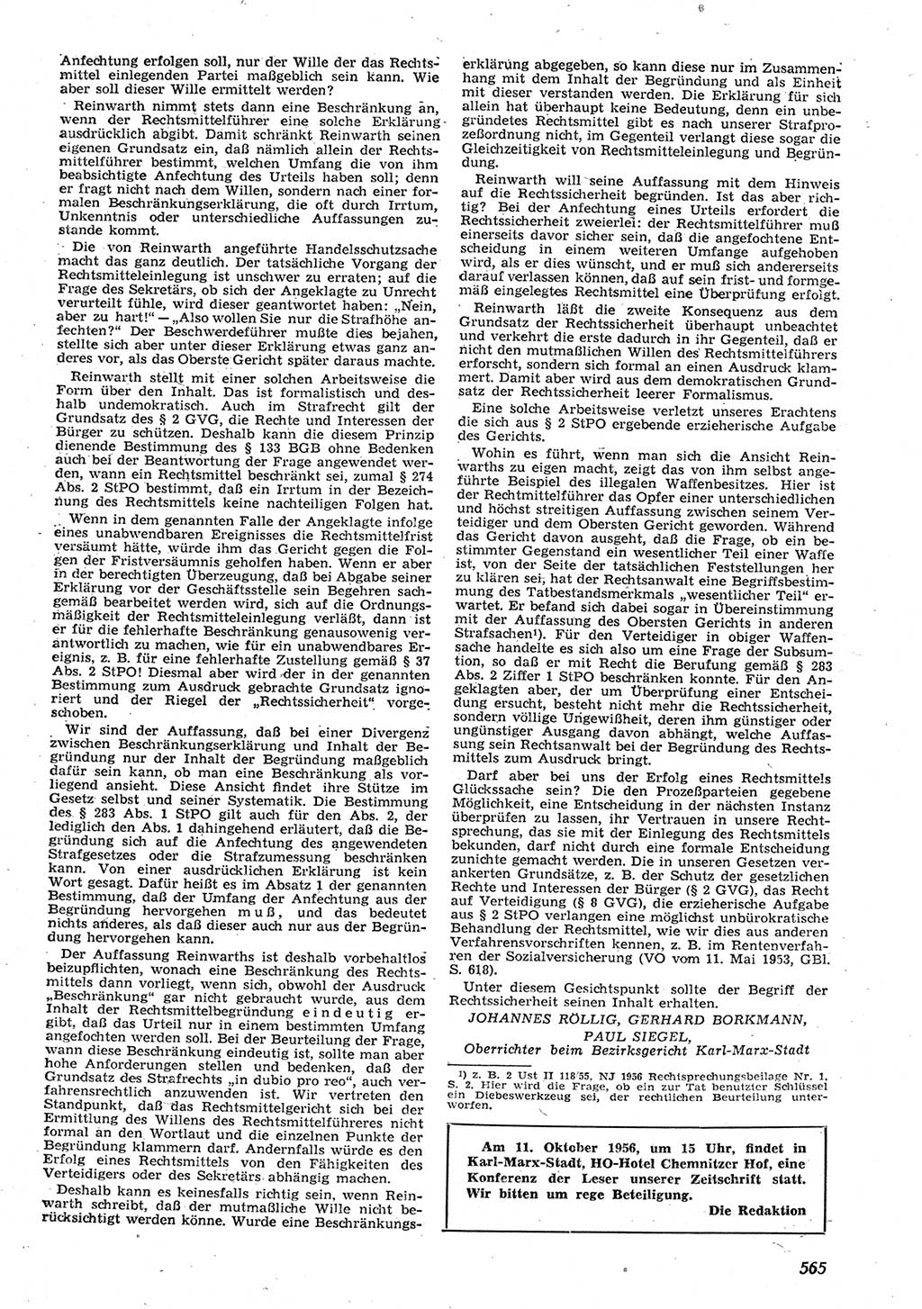 Neue Justiz (NJ), Zeitschrift für Recht und Rechtswissenschaft [Deutsche Demokratische Republik (DDR)], 10. Jahrgang 1956, Seite 565 (NJ DDR 1956, S. 565)