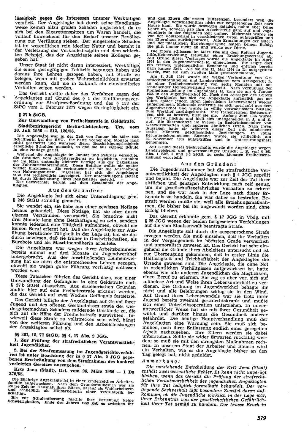 Neue Justiz (NJ), Zeitschrift für Recht und Rechtswissenschaft [Deutsche Demokratische Republik (DDR)], 10. Jahrgang 1956, Seite 579 (NJ DDR 1956, S. 579)