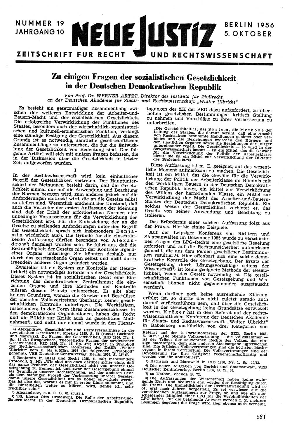 Neue Justiz (NJ), Zeitschrift für Recht und Rechtswissenschaft [Deutsche Demokratische Republik (DDR)], 10. Jahrgang 1956, Seite 581 (NJ DDR 1956, S. 581)