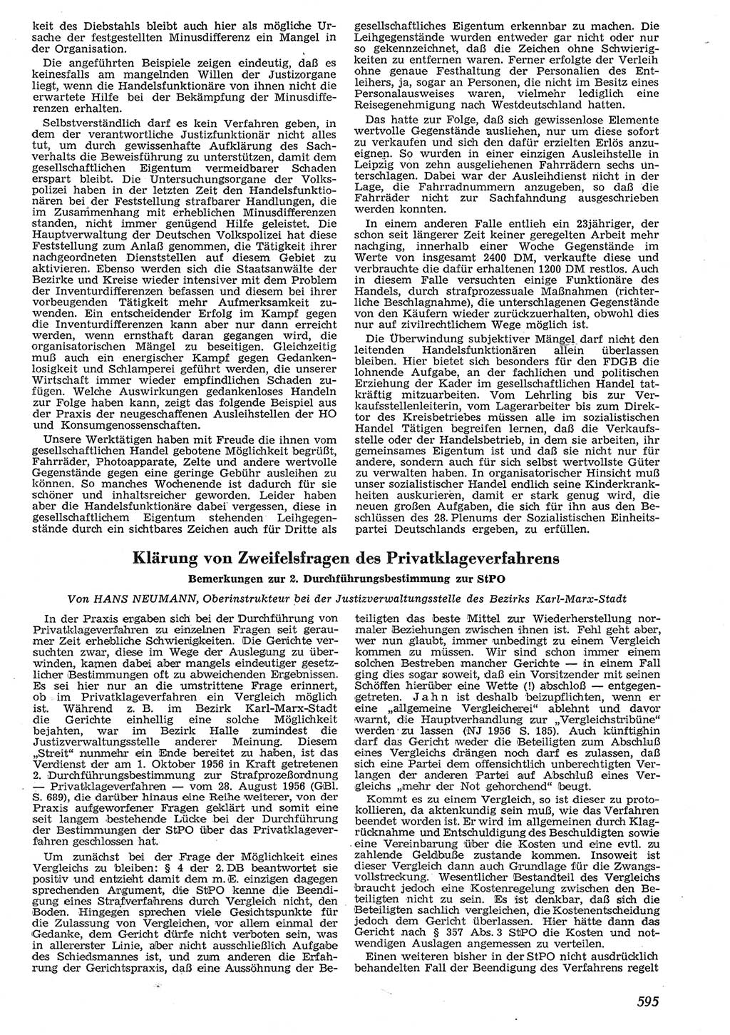 Neue Justiz (NJ), Zeitschrift für Recht und Rechtswissenschaft [Deutsche Demokratische Republik (DDR)], 10. Jahrgang 1956, Seite 595 (NJ DDR 1956, S. 595)