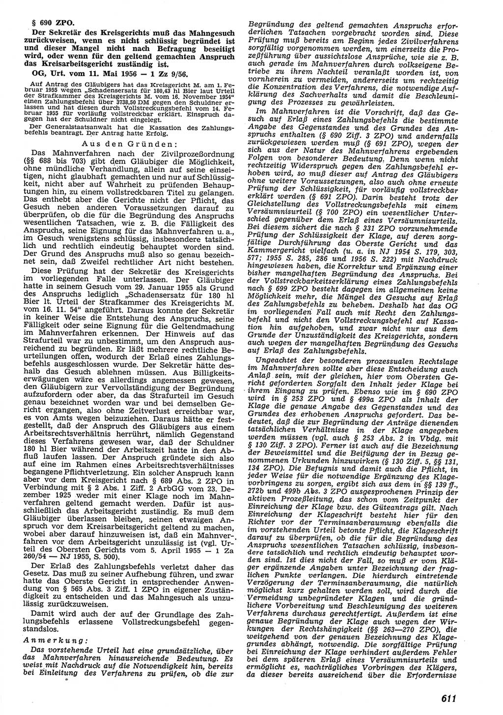 Neue Justiz (NJ), Zeitschrift für Recht und Rechtswissenschaft [Deutsche Demokratische Republik (DDR)], 10. Jahrgang 1956, Seite 611 (NJ DDR 1956, S. 611)