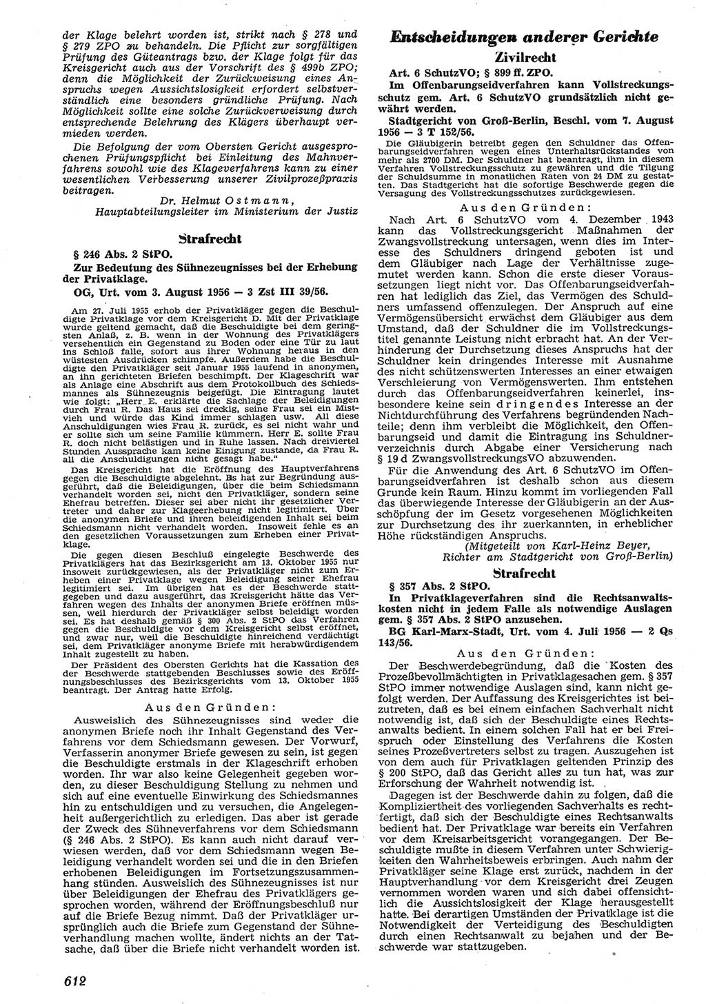 Neue Justiz (NJ), Zeitschrift für Recht und Rechtswissenschaft [Deutsche Demokratische Republik (DDR)], 10. Jahrgang 1956, Seite 612 (NJ DDR 1956, S. 612)