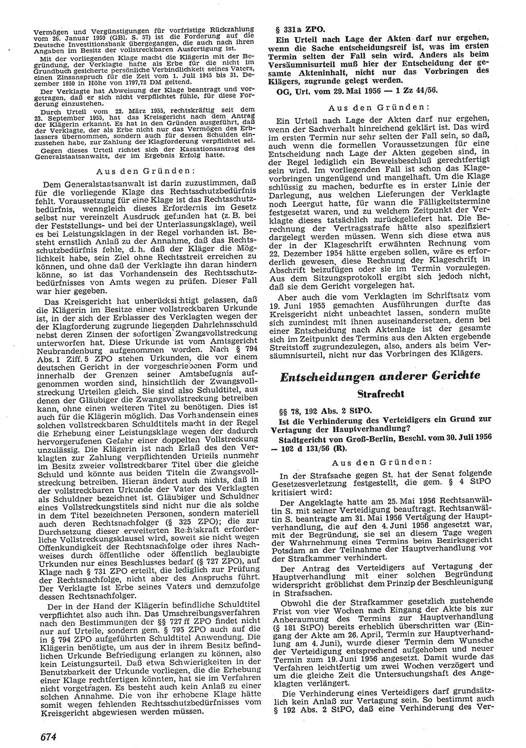 Neue Justiz (NJ), Zeitschrift für Recht und Rechtswissenschaft [Deutsche Demokratische Republik (DDR)], 10. Jahrgang 1956, Seite 674 (NJ DDR 1956, S. 674)