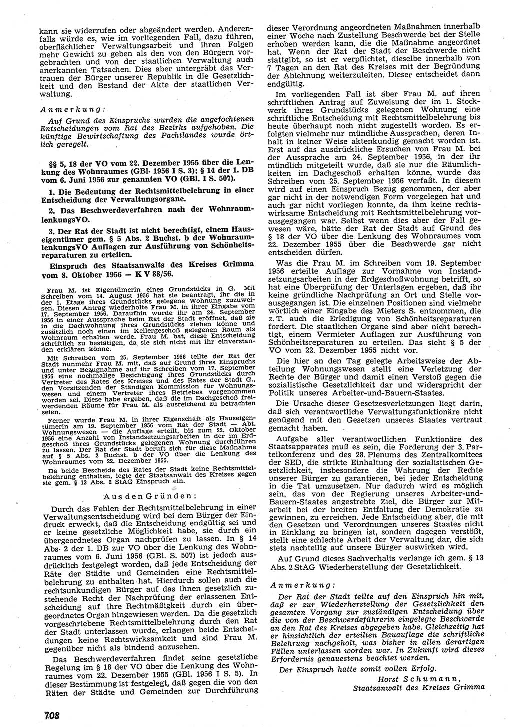 Neue Justiz (NJ), Zeitschrift für Recht und Rechtswissenschaft [Deutsche Demokratische Republik (DDR)], 10. Jahrgang 1956, Seite 708 (NJ DDR 1956, S. 708)